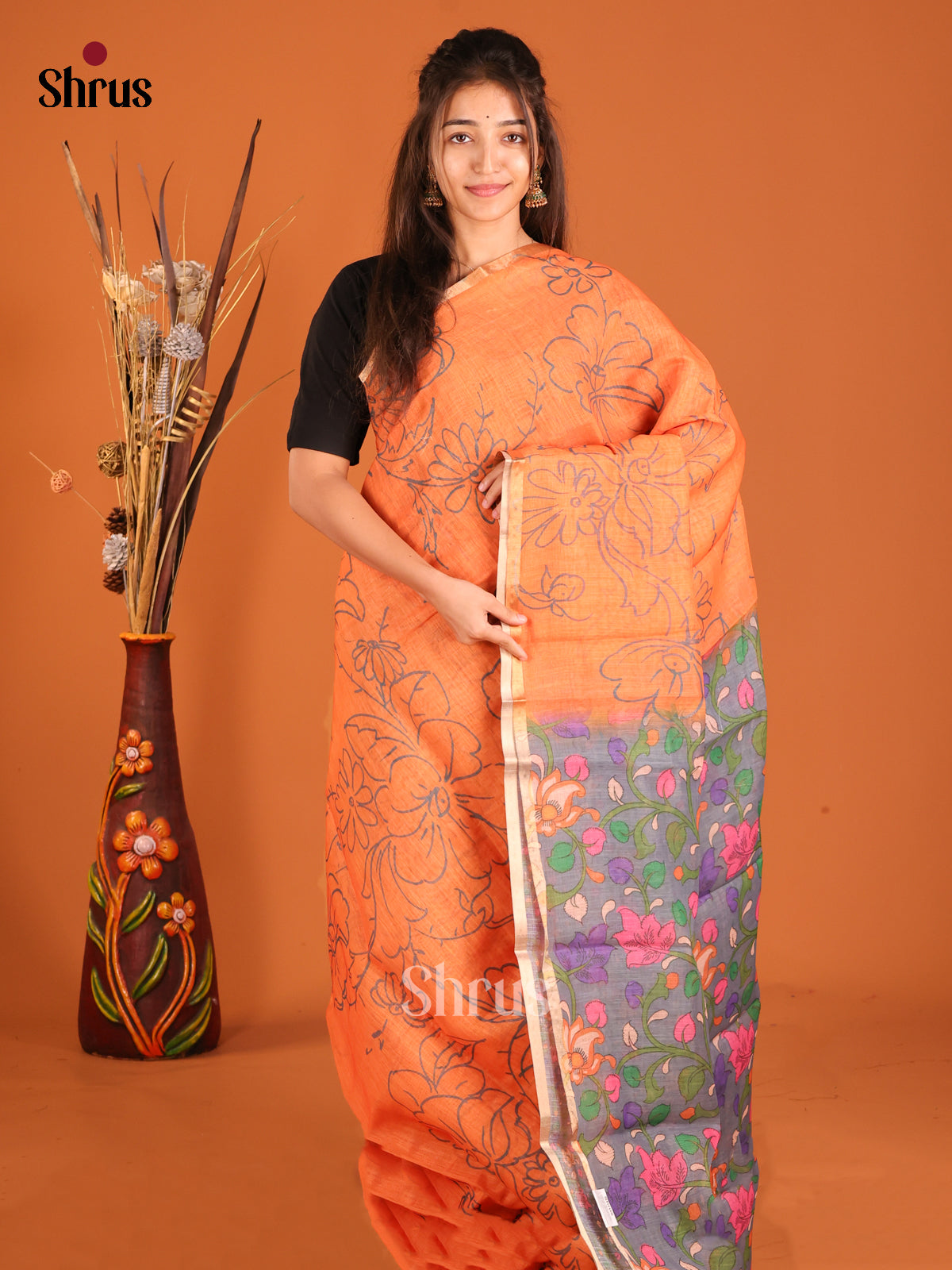 Orange & Grey - Linen Cotton Saree - Shop on Shrus.com