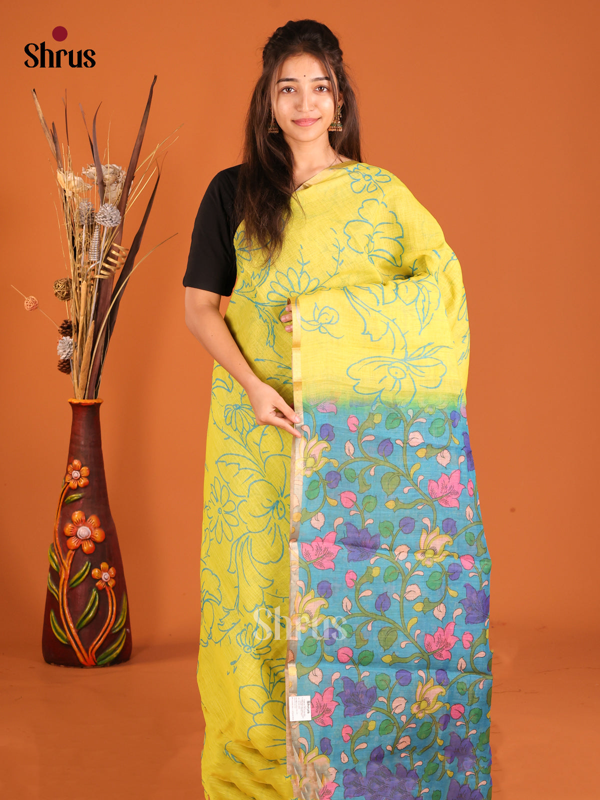 Yellow & Blue - Linen Cotton Saree - Shop on Shrus.com