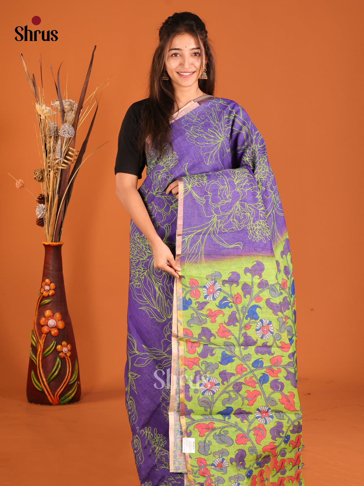 Purple & Light Green- Linen Cotton Saree - Shop on Shrus.com