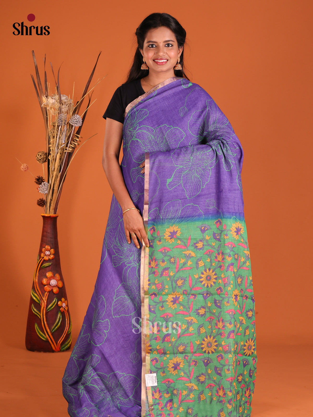 Purple & Green - Linen Cotton Saree - Shop on Shrus.com
