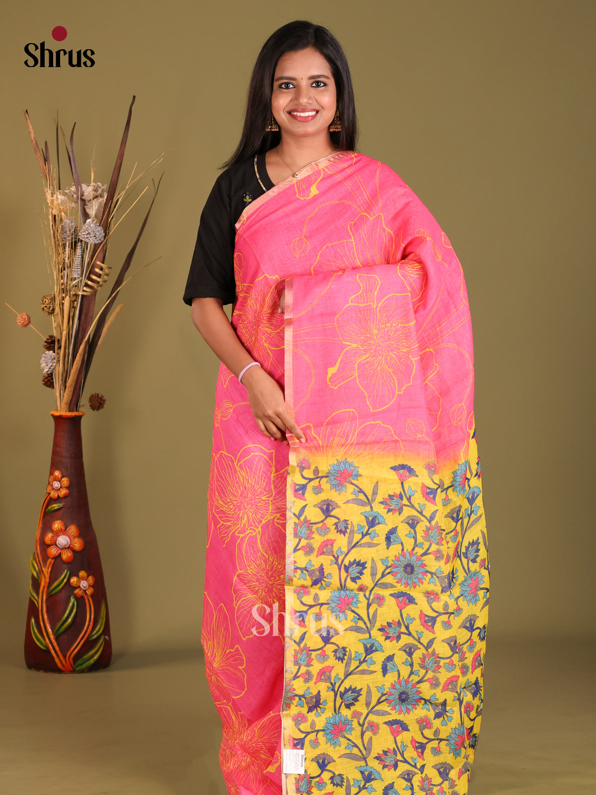 Pink & Yellow - Linen Cotton Saree