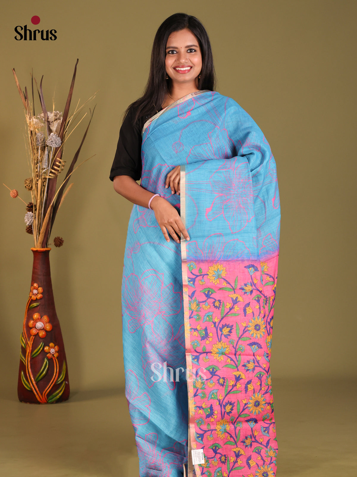 Blue & Pink- Linen Cotton Saree