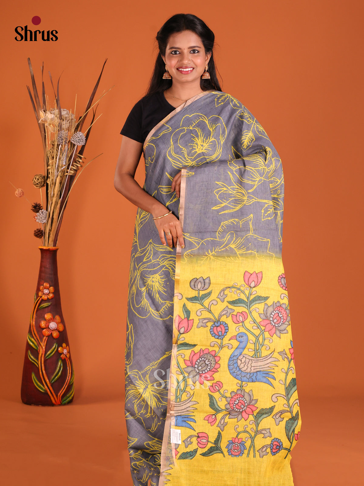 Grey & Yellow - Linen Cotton Saree - Shop on Shrus.com