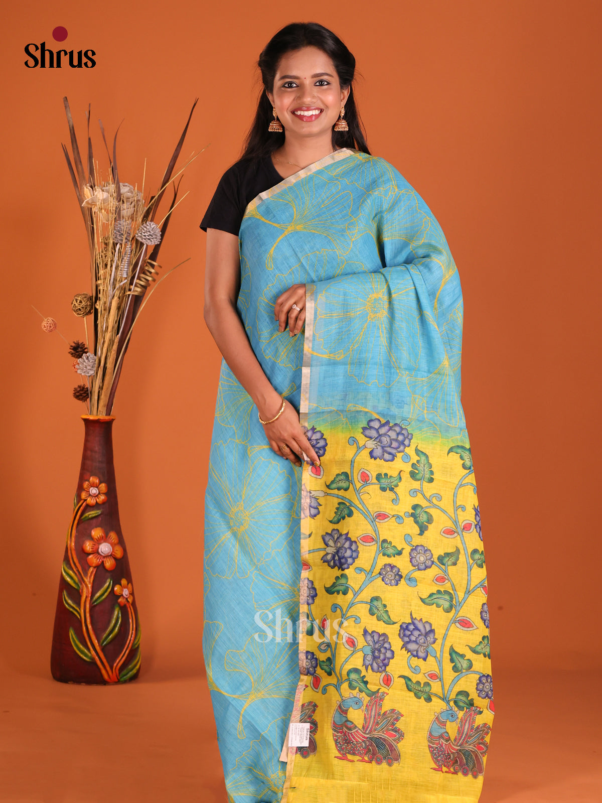 Blue & Yellow - Linen Cotton Saree