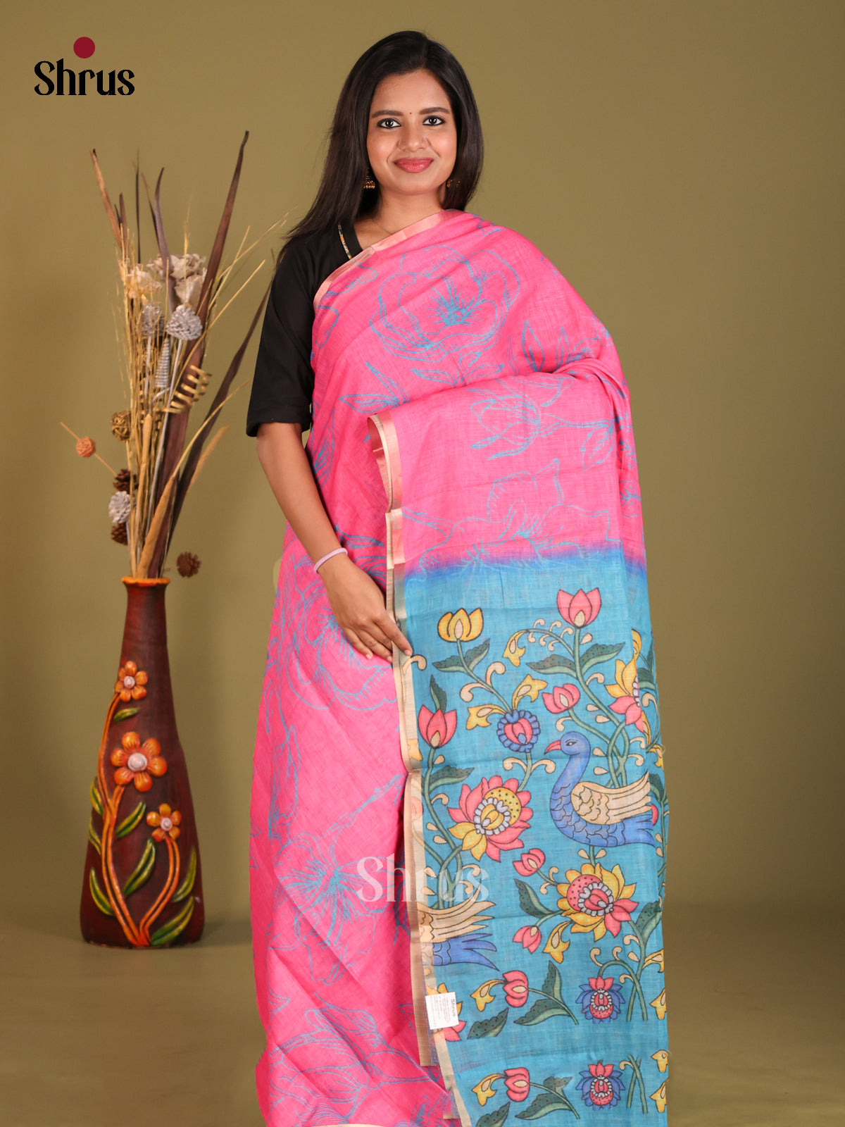 Pink & Blue - Linen Cotton Saree - Shop on Shrus.com