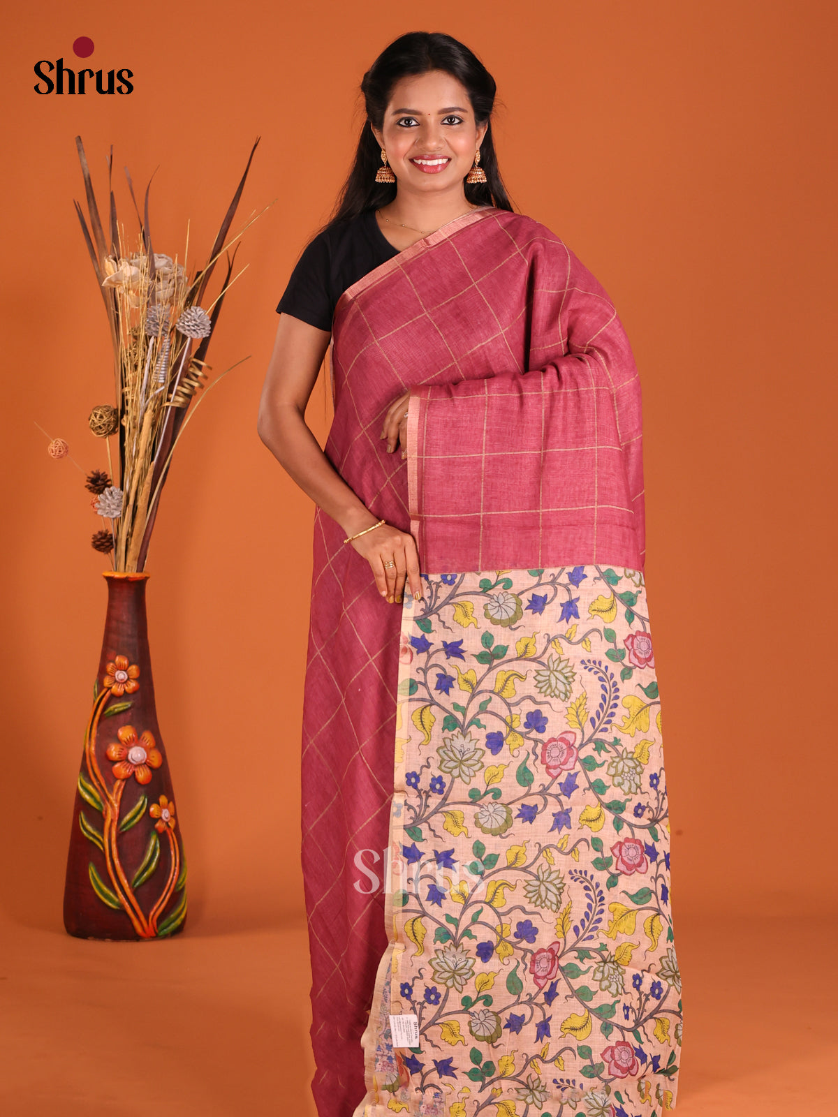 Maroon & Pink - Linen Cotton Saree - Shop on Shrus.com