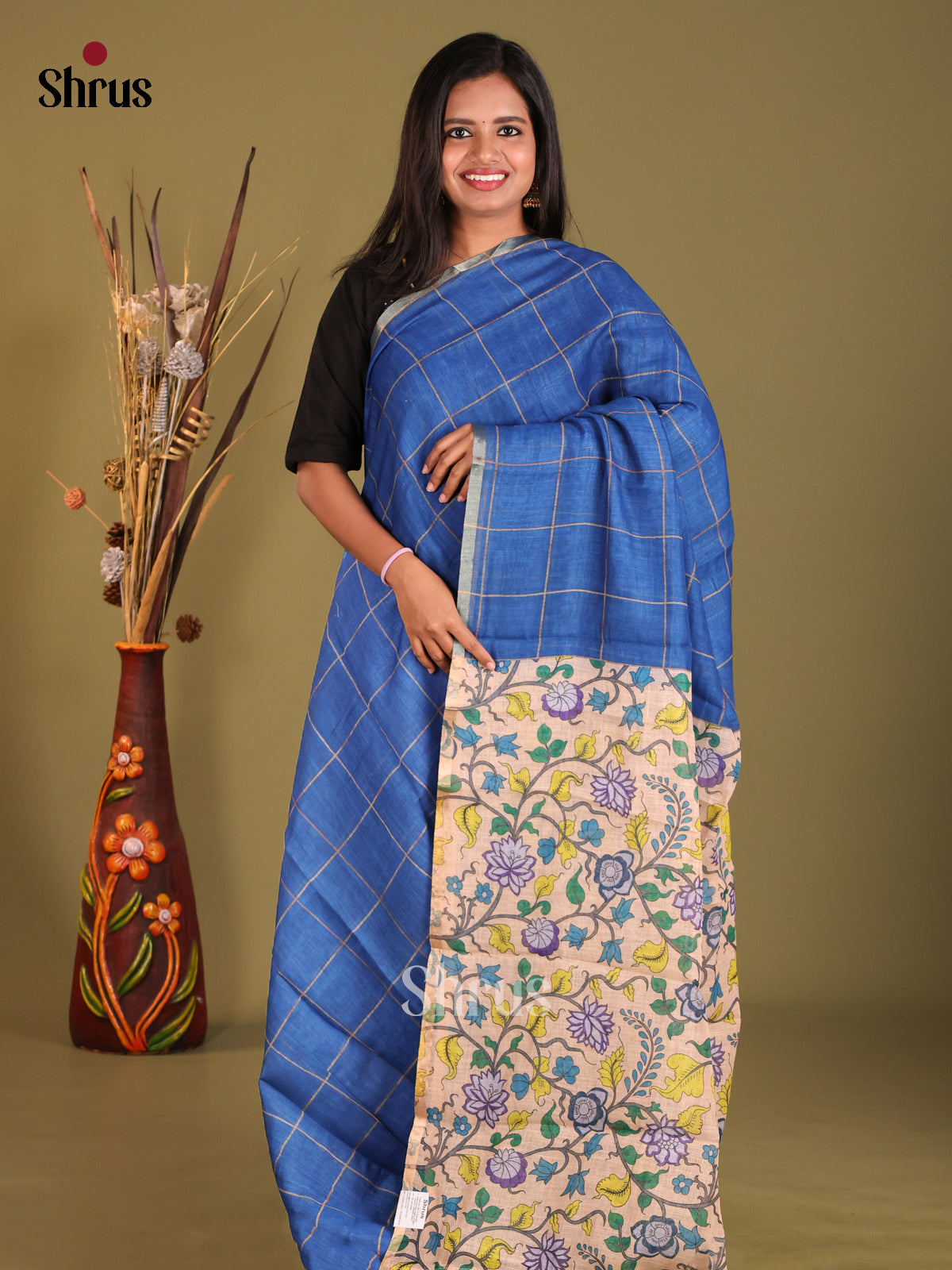 Blue & Cream - Linen Cotton Saree