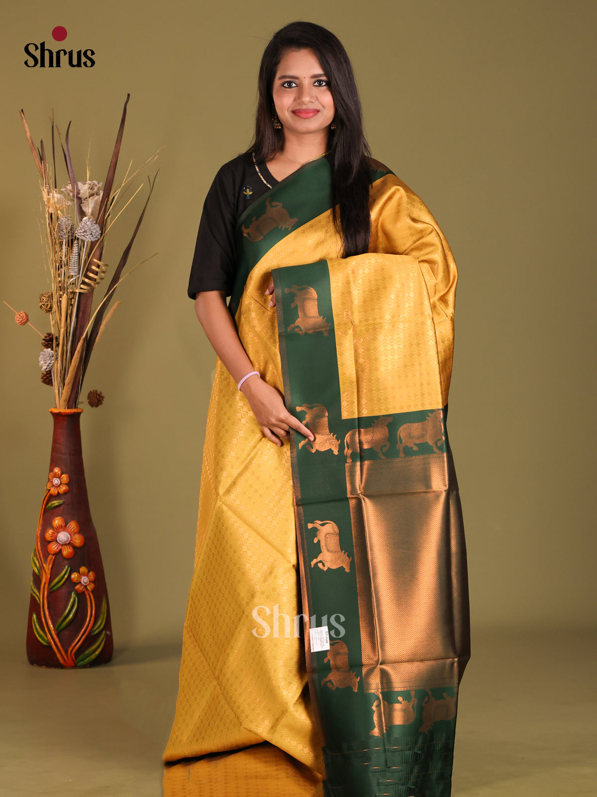 Yellow & Green- Semi Softsilk Saree - Shop on Shrus.com
