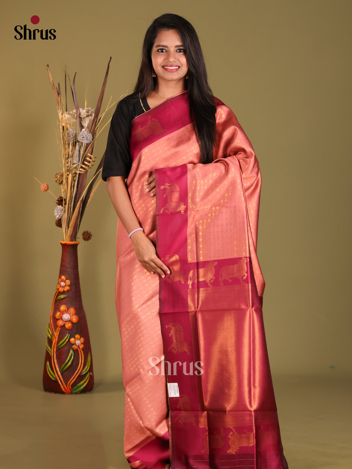 Dusty Pink & Maroon - Semi Softsilk Saree - Shop on Shrus.com