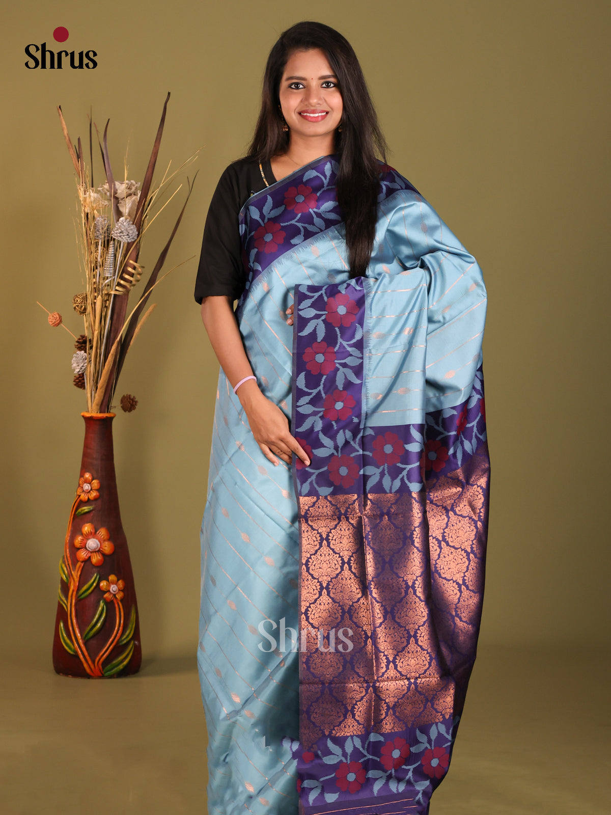 Light Blue & Blue - Semi Softsilk Saree - Shop on Shrus.com