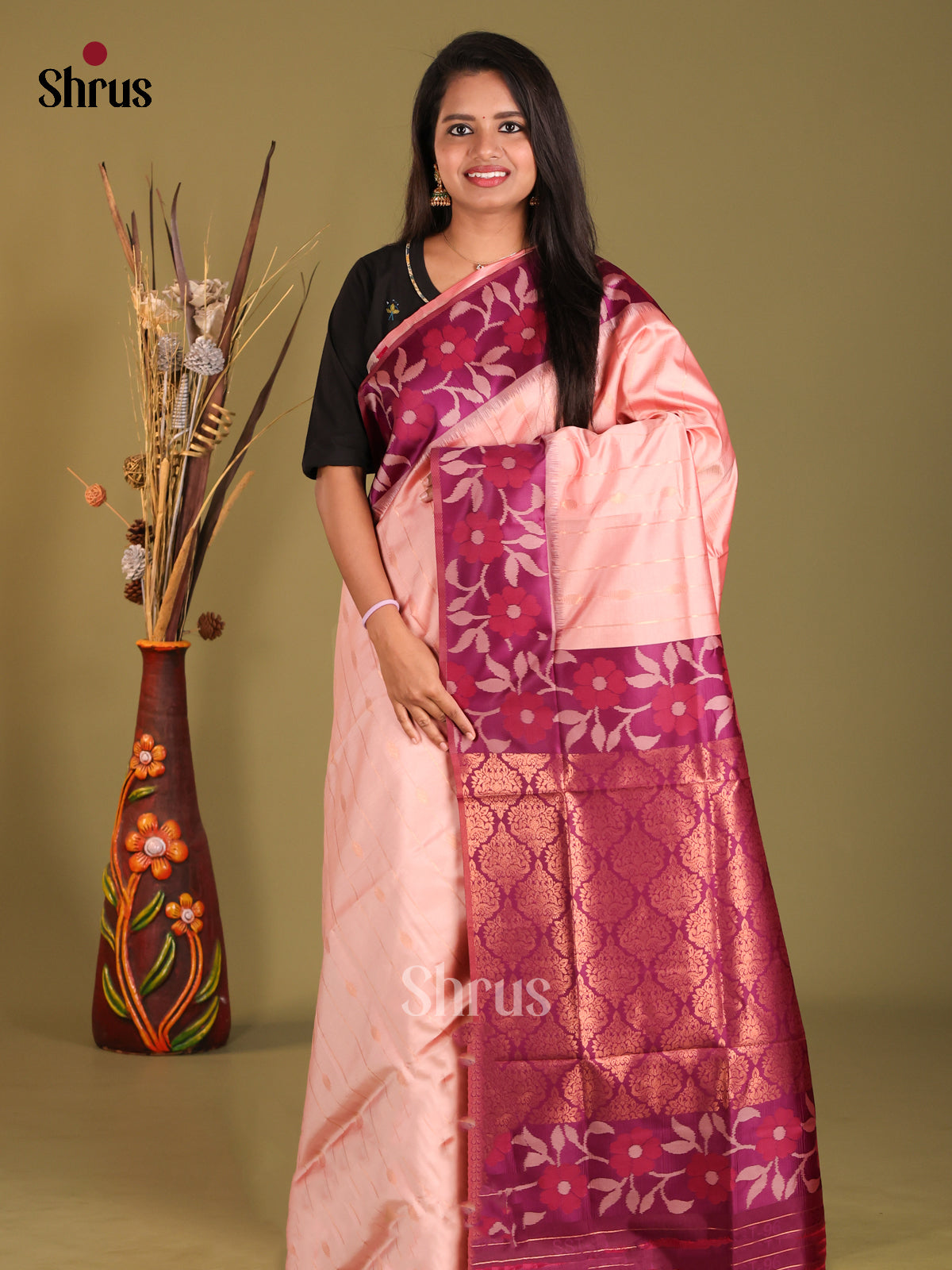 Pink & Purple - Semi Softsilk Saree - Shop on Shrus.com