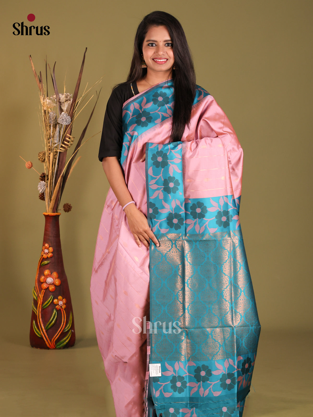 Pink & Blue - Semi Softsilk Saree - Shop on Shrus.com