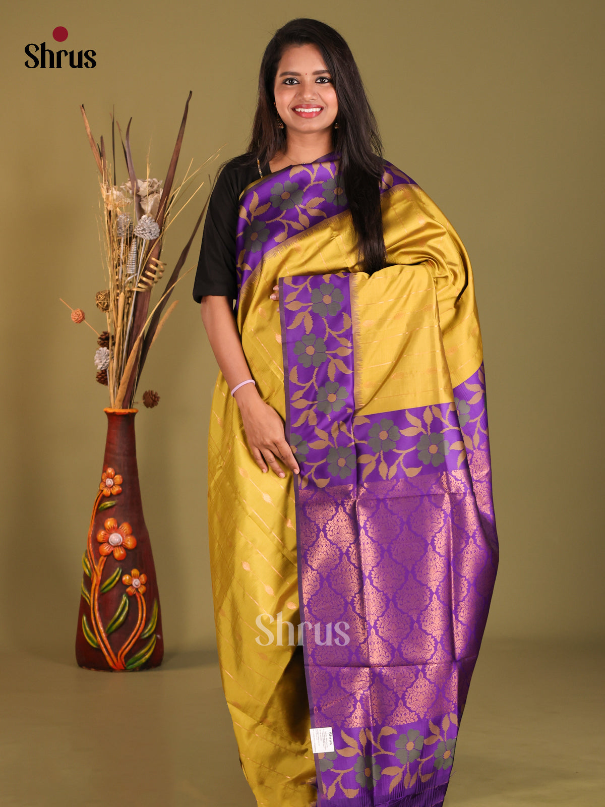 Mustardy Green & Purple- Semi Softsilk Saree - Shop on Shrus.com