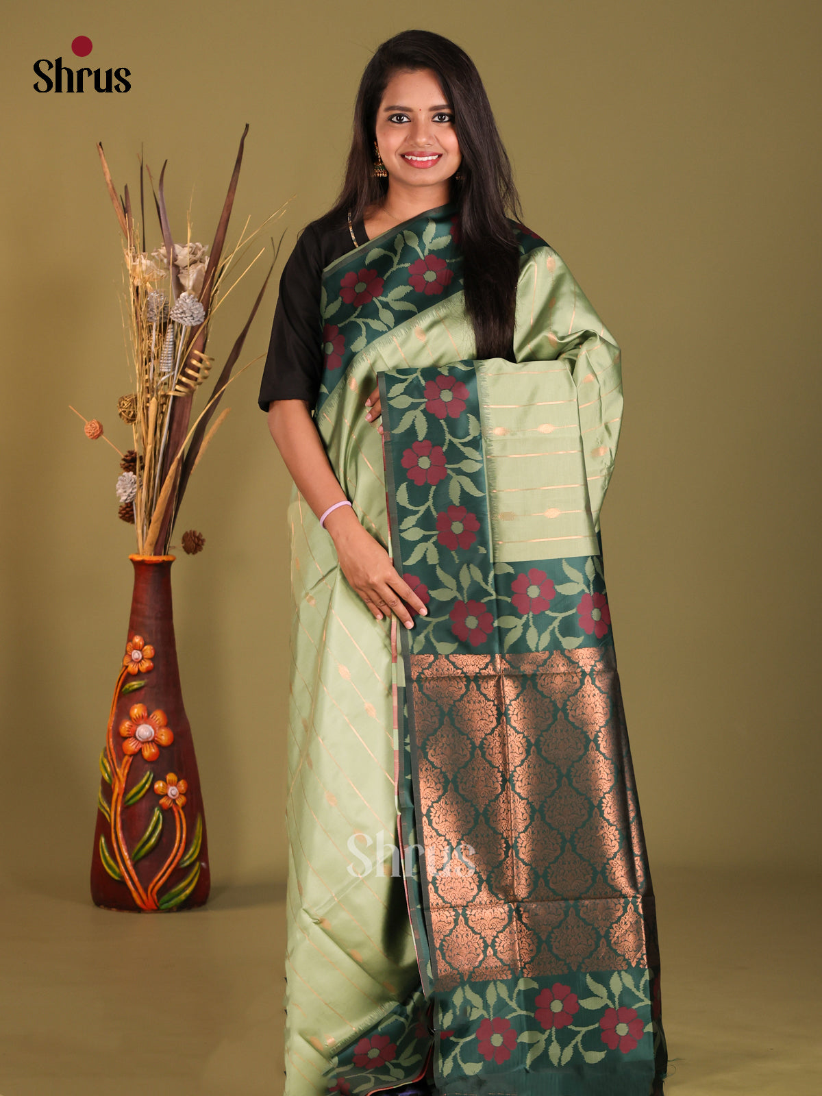Pista Green & Green - Semi Softsilk Saree - Shop on Shrus.com