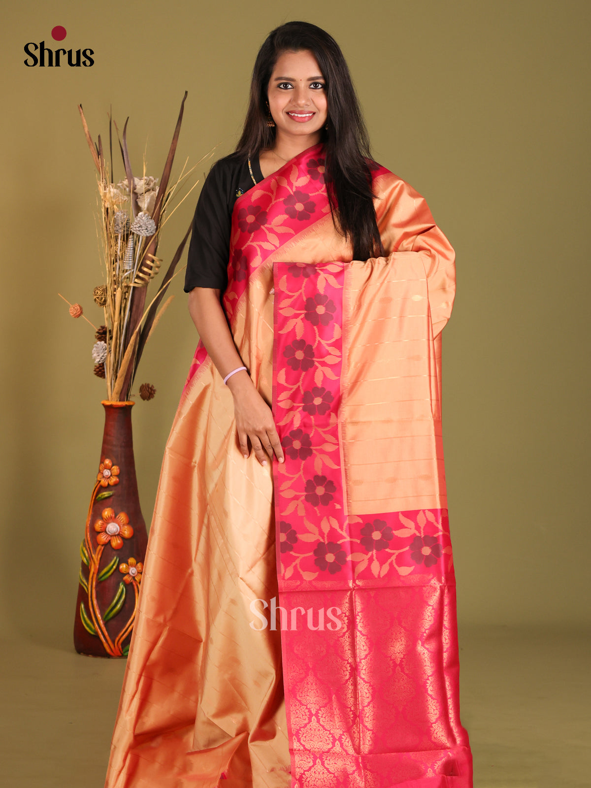 Peach & Pink- Semi Softsilk Saree - Shop on Shrus.com