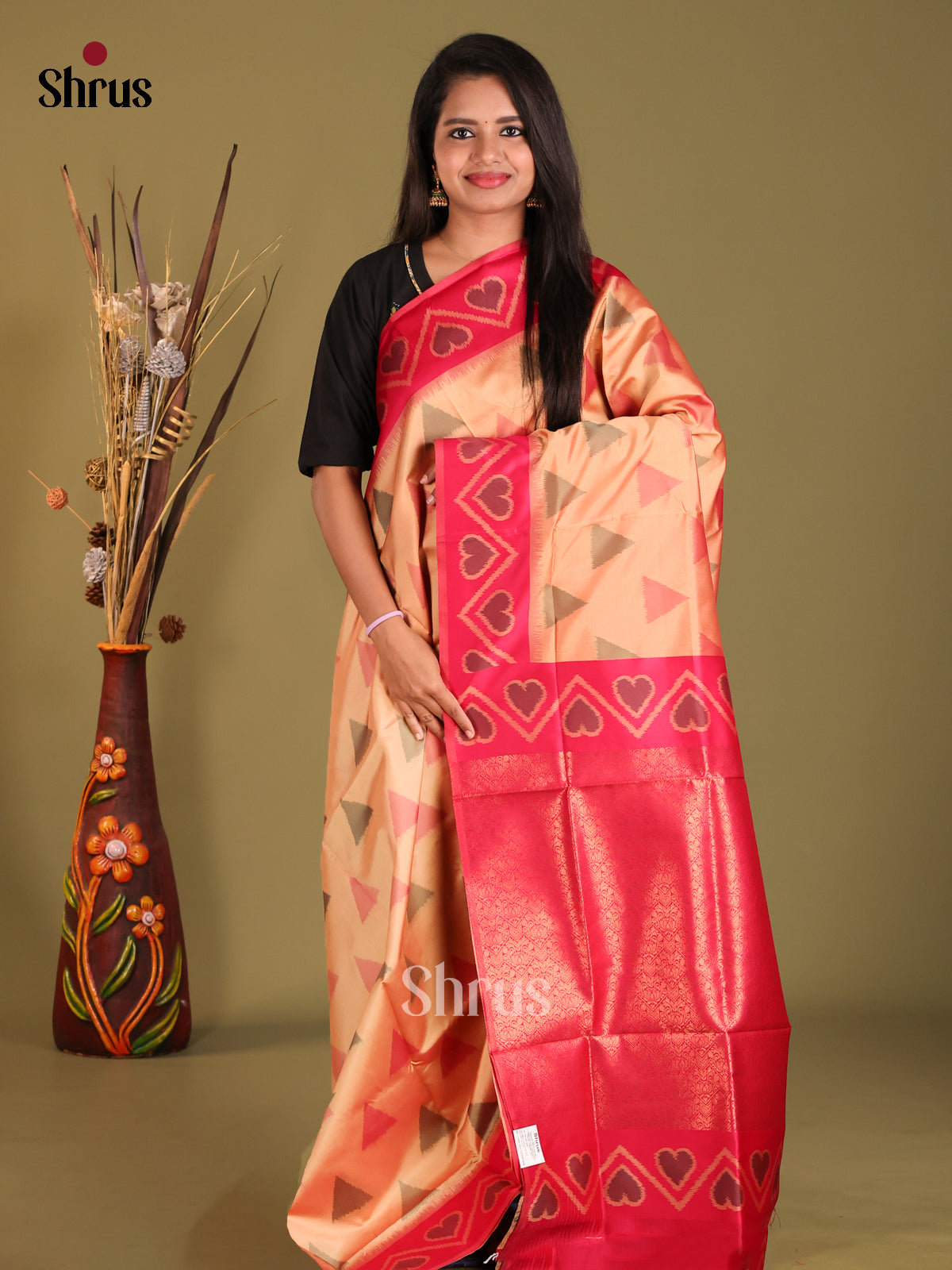 Peach & Pink- Semi Softsilk Saree - Shop on Shrus.com