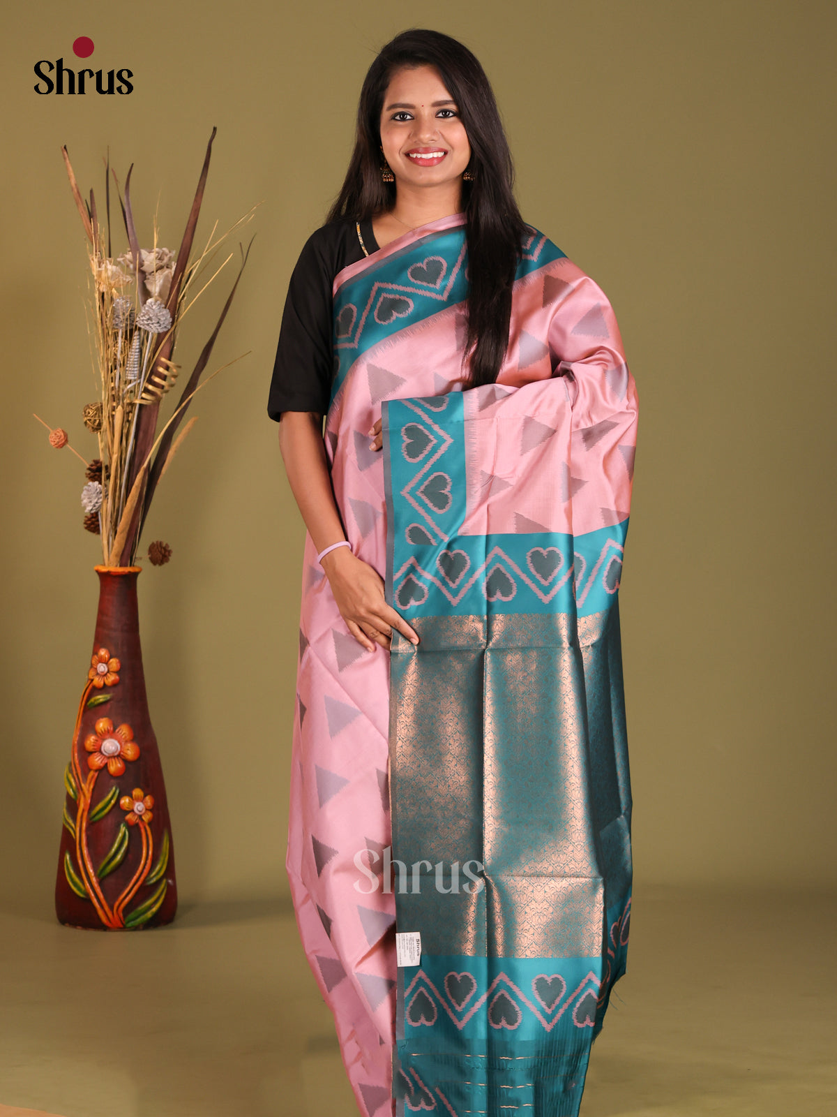 Pink & Blue - Semi Softsilk Saree - Shop on Shrus.com