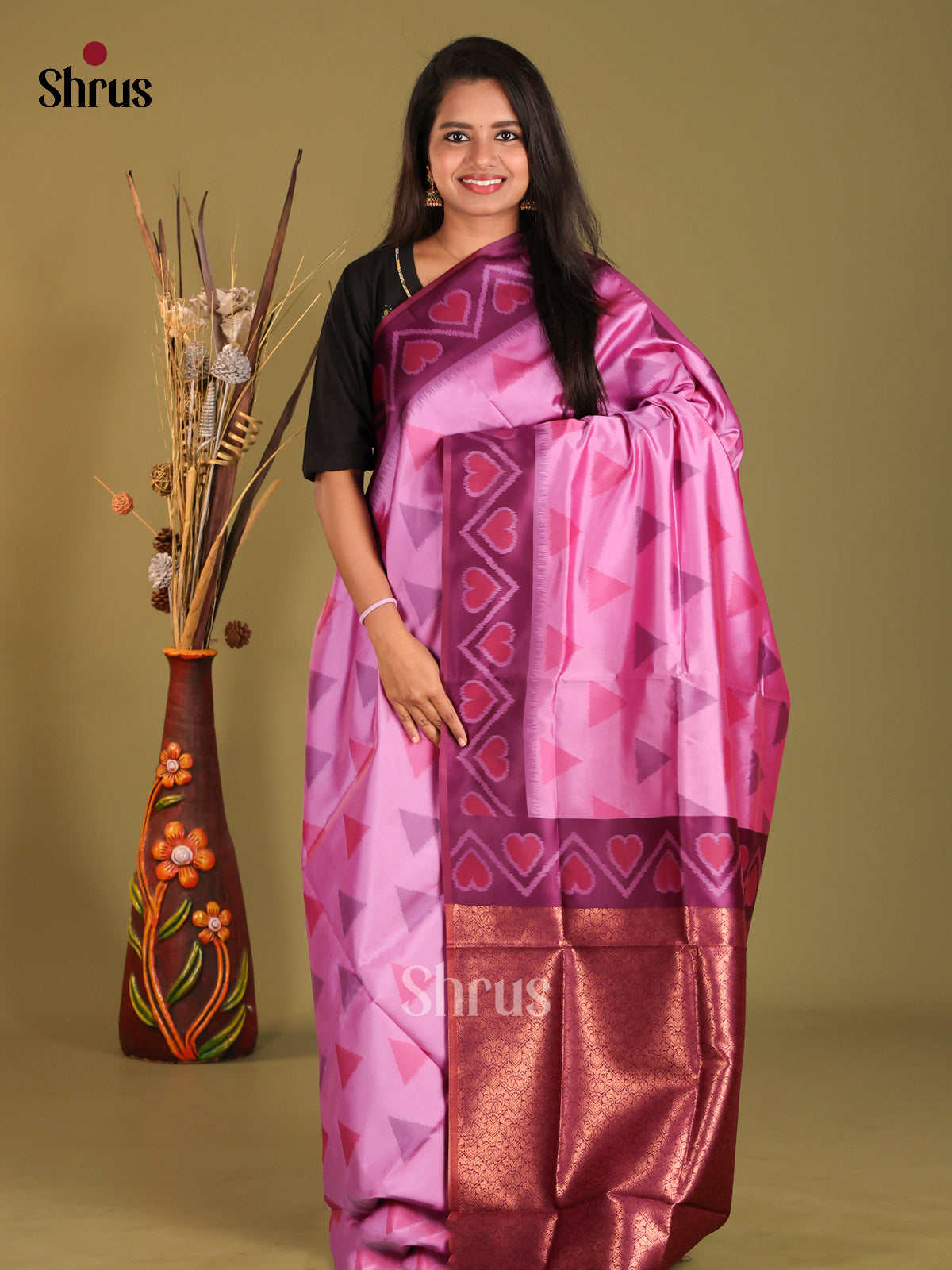 Pink & Purple - Semi Softsilk Saree - Shop on Shrus.com