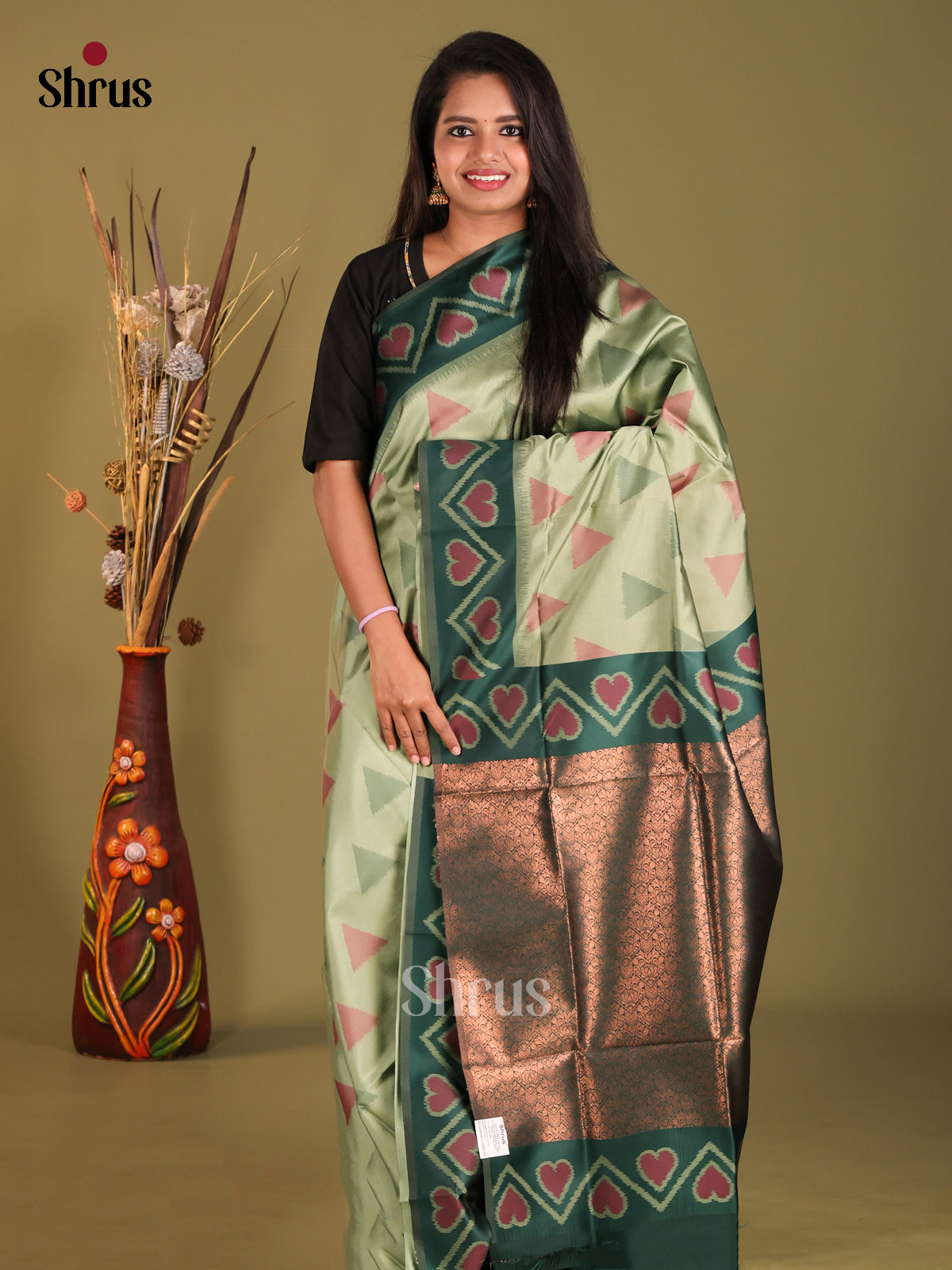 Pista Green & Green - Semi Softsilk Saree - Shop on Shrus.com