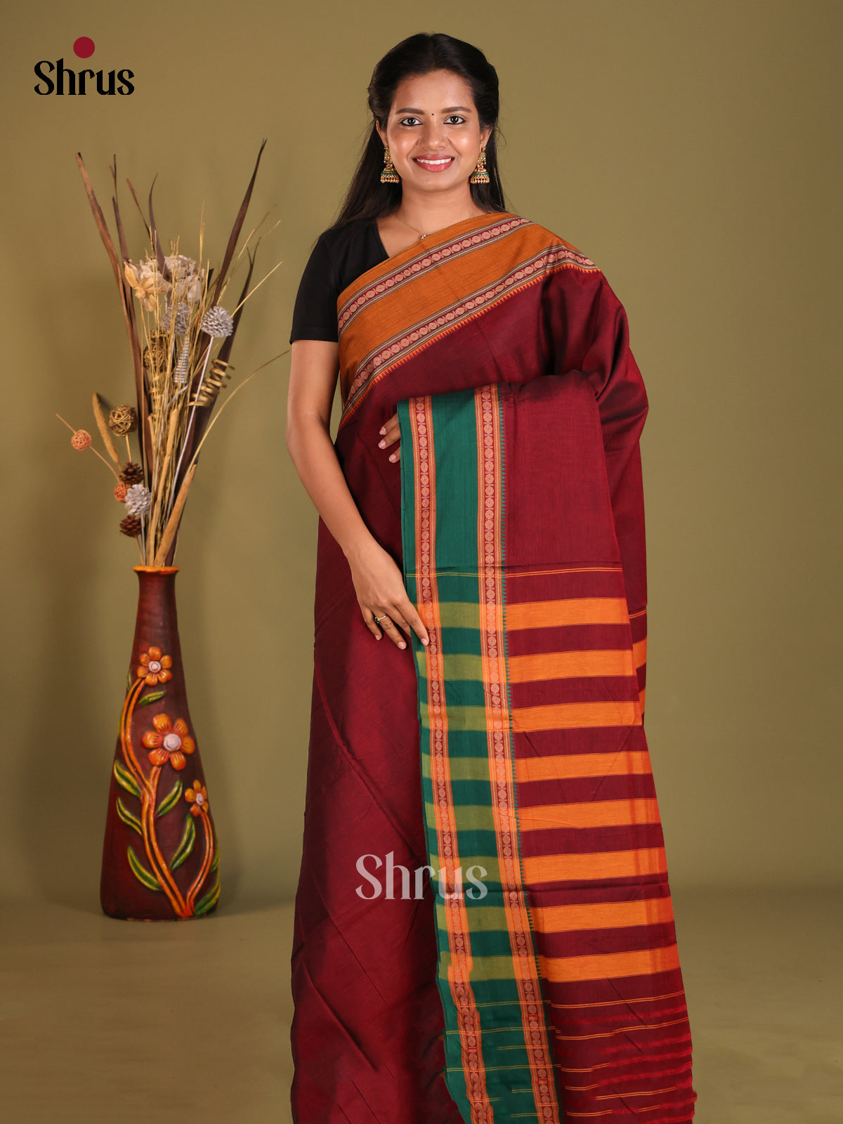 Maroon & Green - Narayanpet Cotton Saree