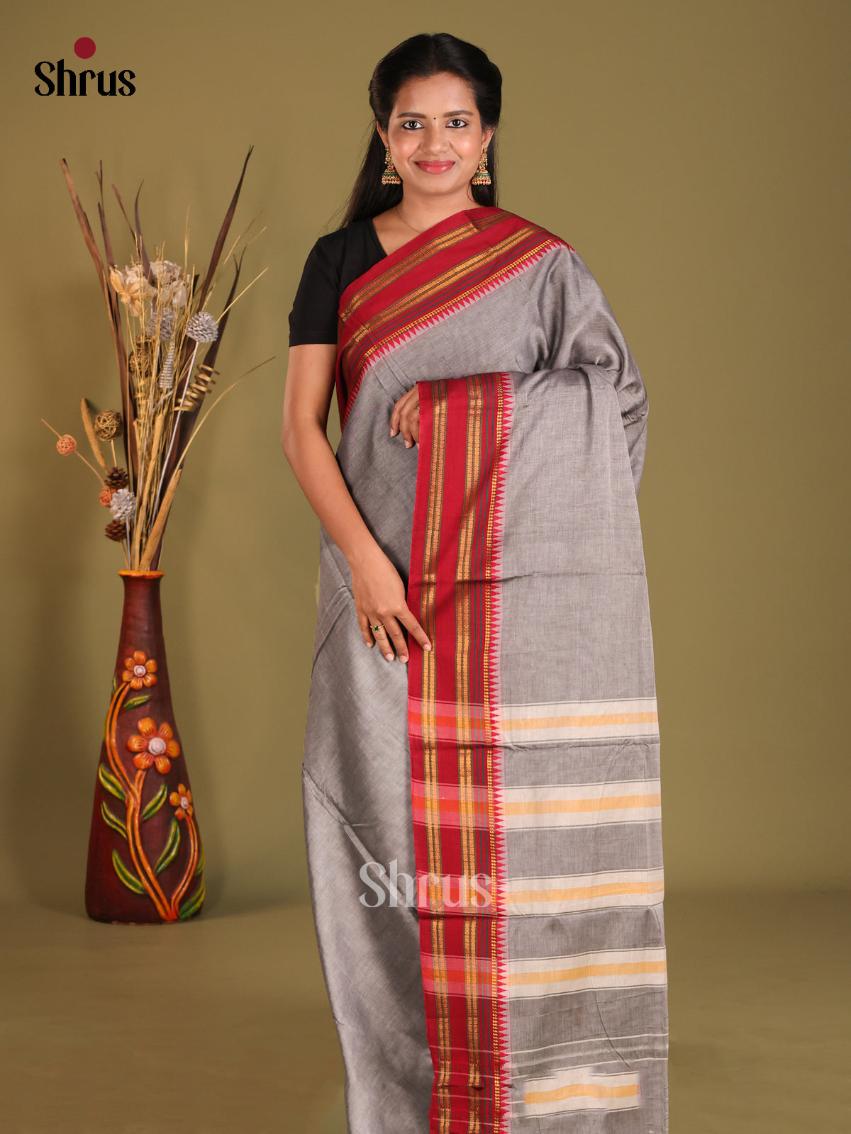 Grey & Red  - Narayanpet Cotton Saree