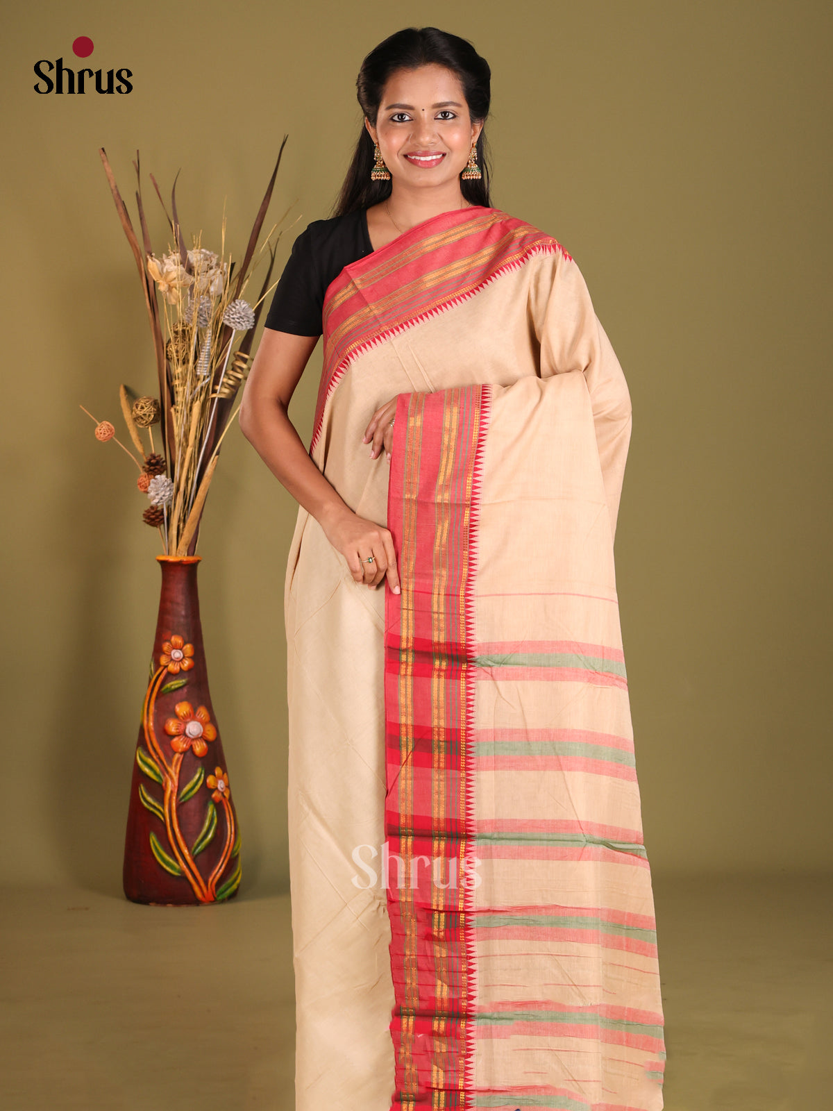 Cream & Red - Narayanpet Cotton Saree