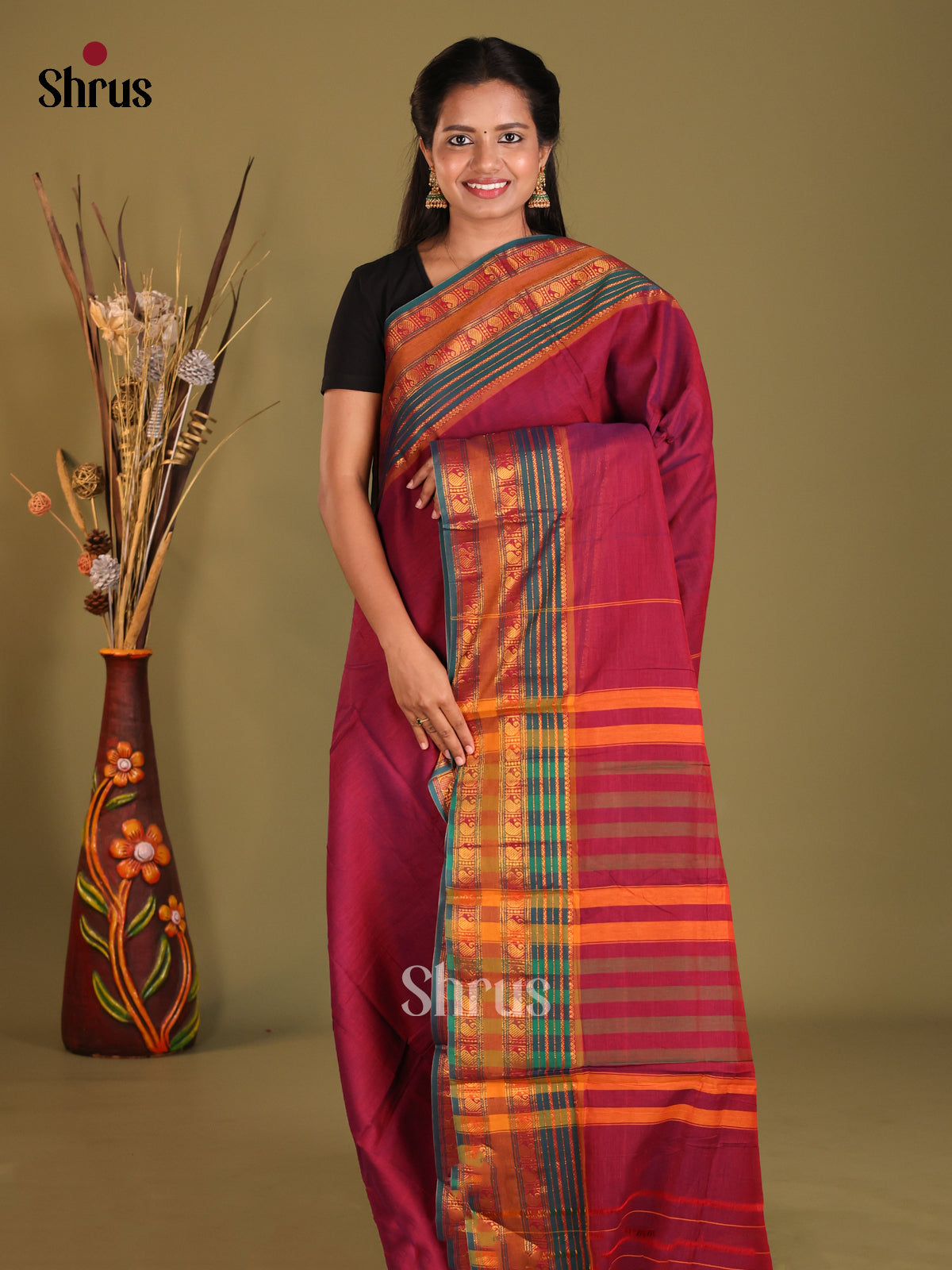 Maroon & Green - Narayanpet Cotton Saree