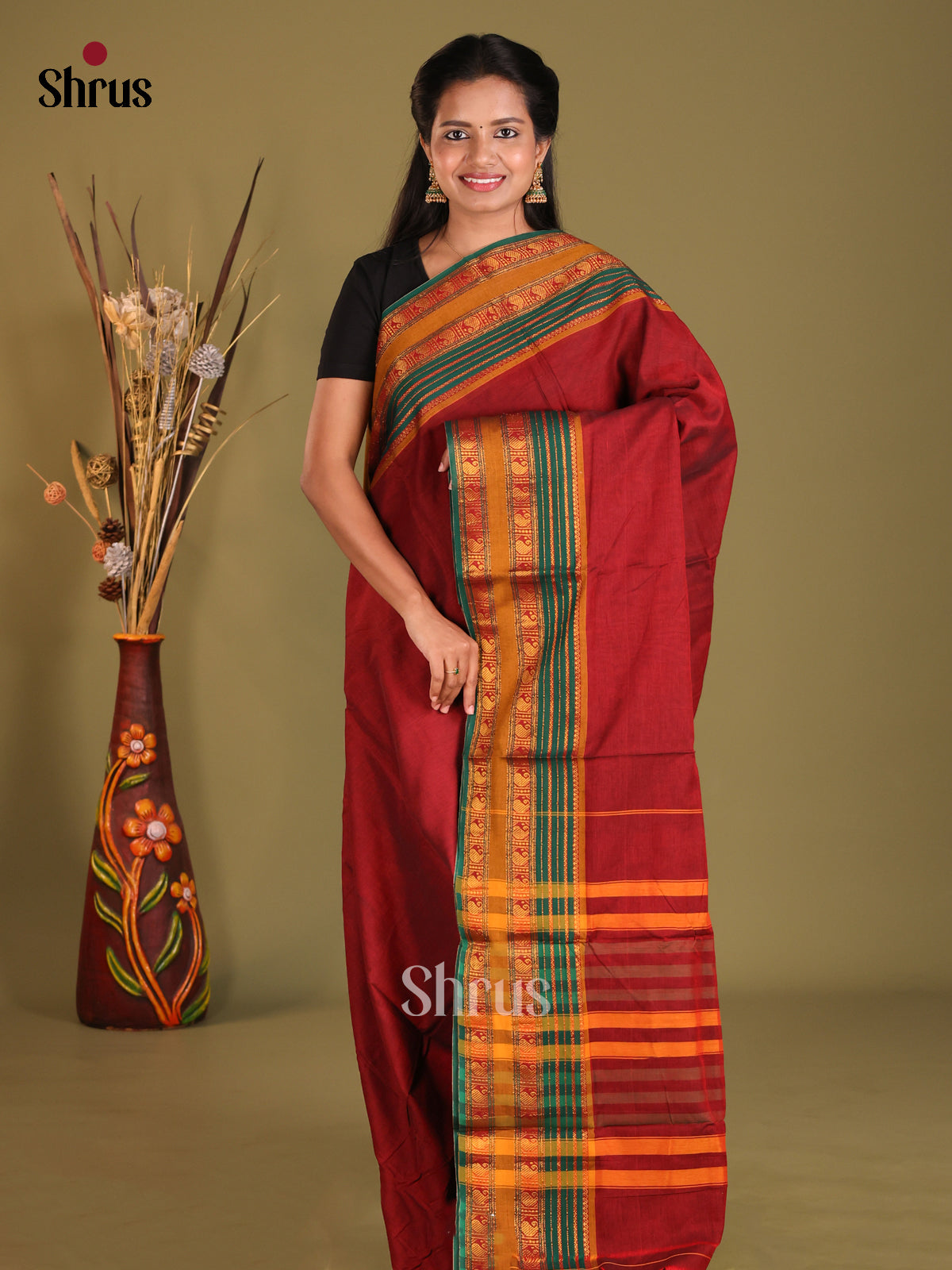 Maroon & Green - Narayanpet Cotton Saree
