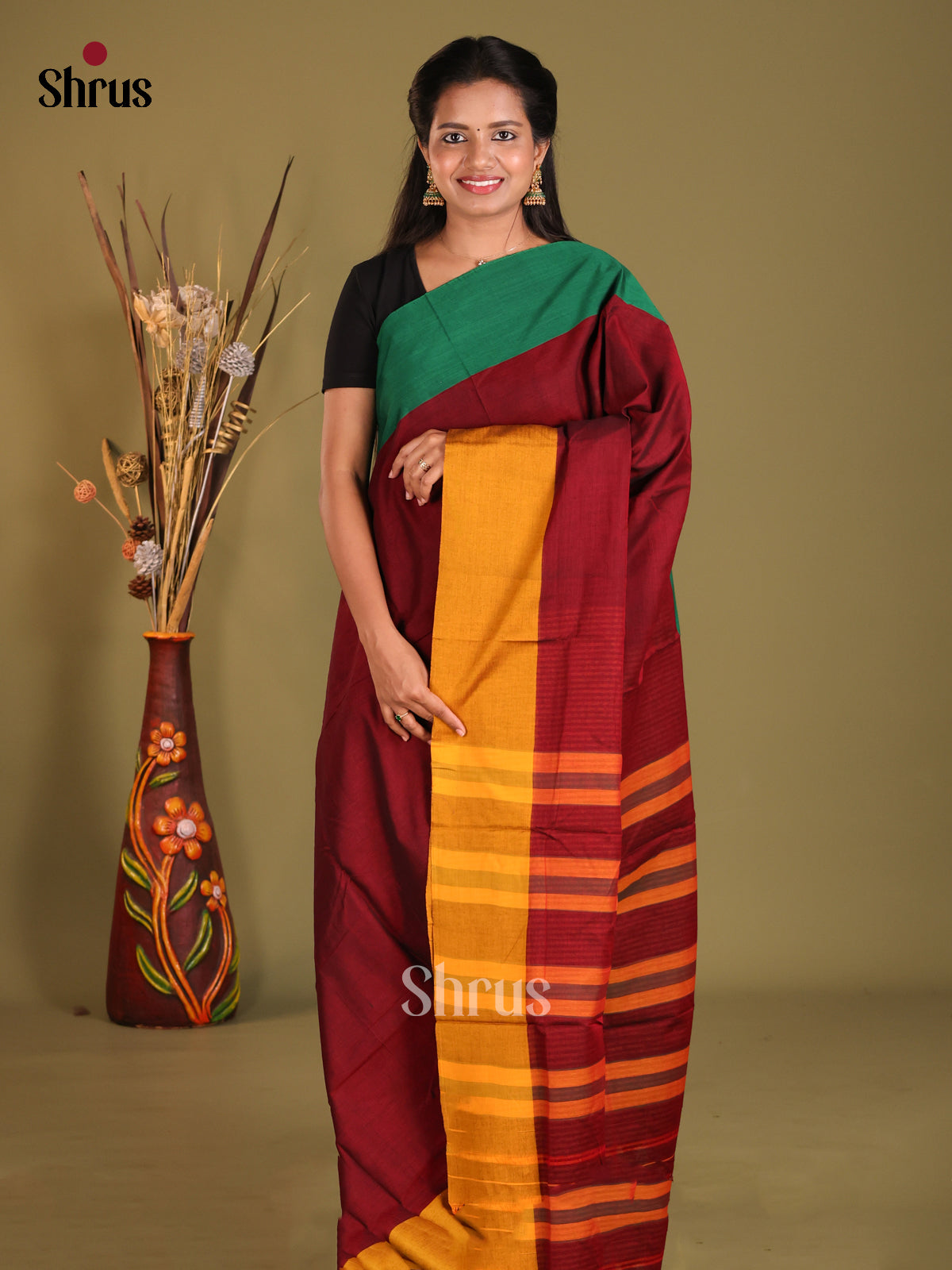 Maroon & Mustard - Narayanpet Cotton Saree