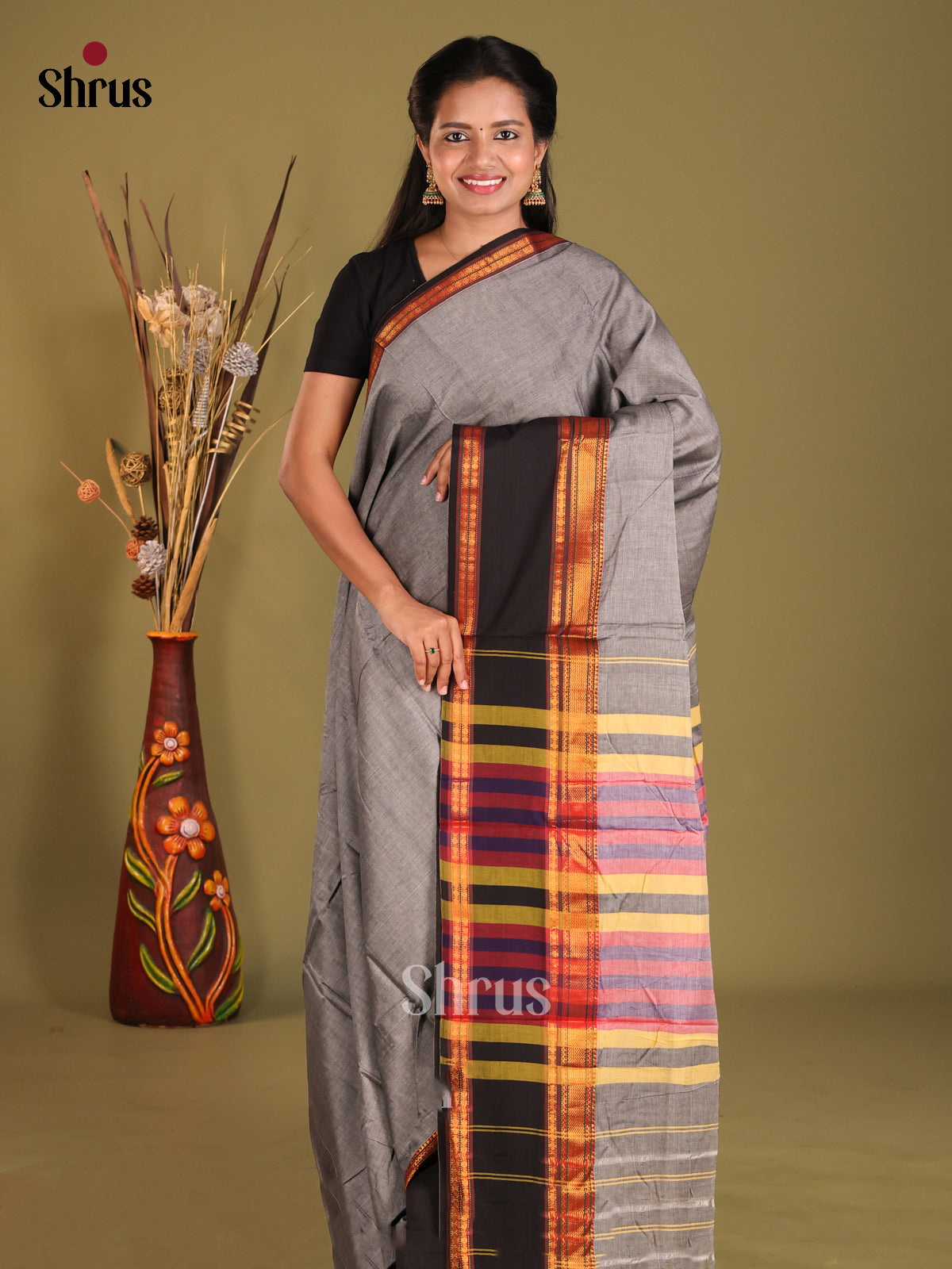 Grey & Black- Narayanpet Cotton Saree