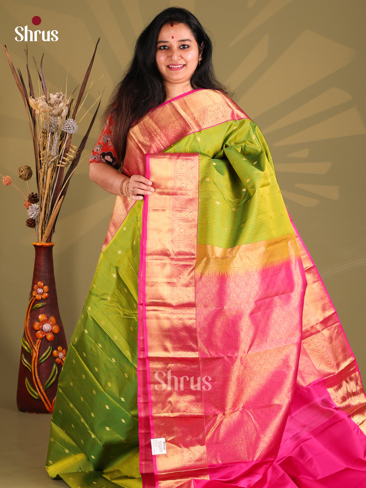 Exquisite Parrot Green  Kanchipuram silk Saree with vaira oosi zari stripes, buttas-1