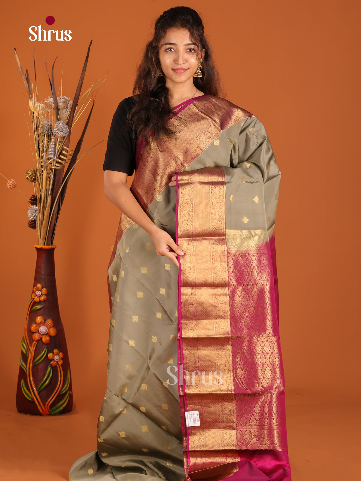 Grey & Maroon - Kanchipuram-halfpure Saree - Shop on Shrus.com