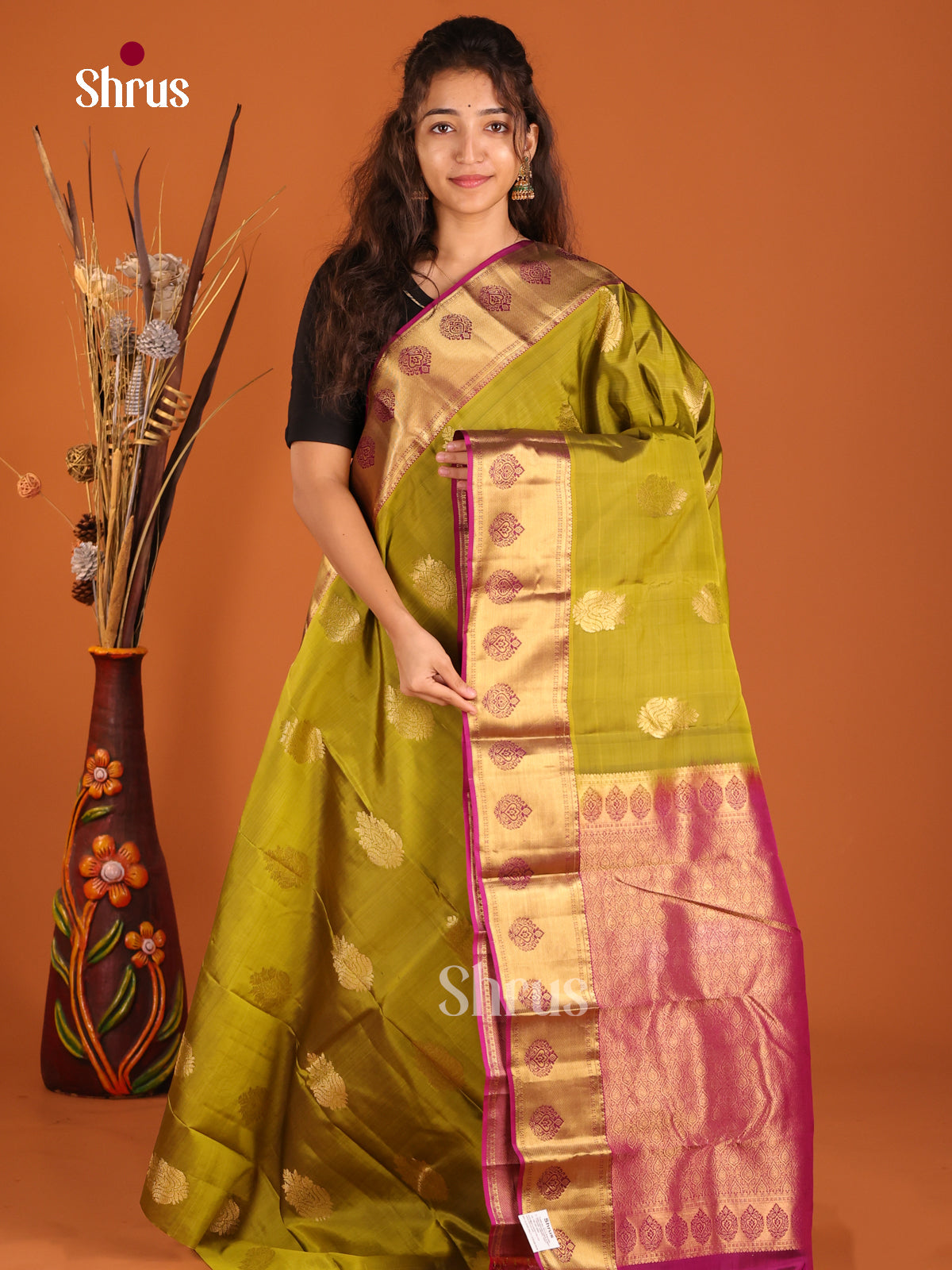 Mehandi Green & Purple - Kanchipuram-halfpure Saree - Shop on Shrus.com
