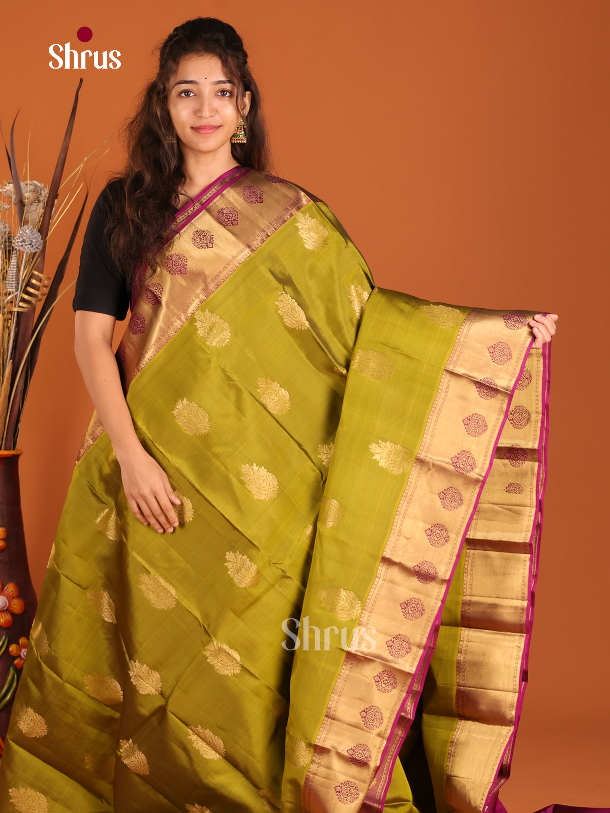Mehandi Green & Purple - Kanchipuram-halfpure Saree - Shop on Shrus.com