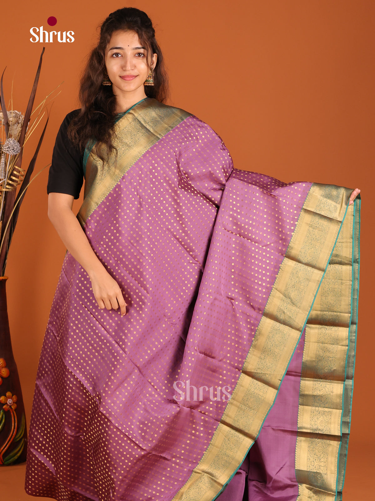 Lavender & Green - Kanchipuram-halfpure Saree - Shop on Shrus.com