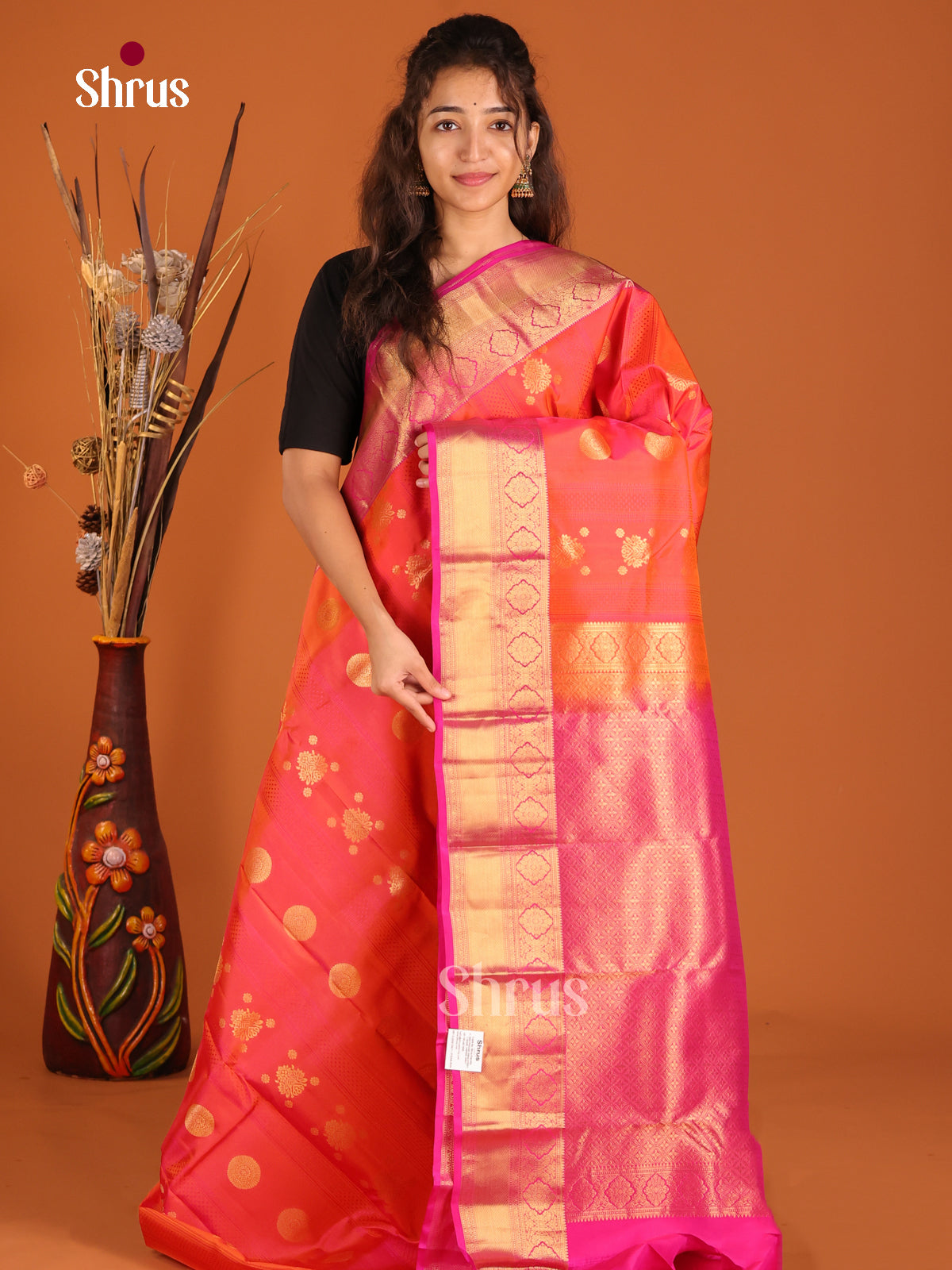 Orange & Pink - Kanchipuram-halfpure Saree - Shop on Shrus.com