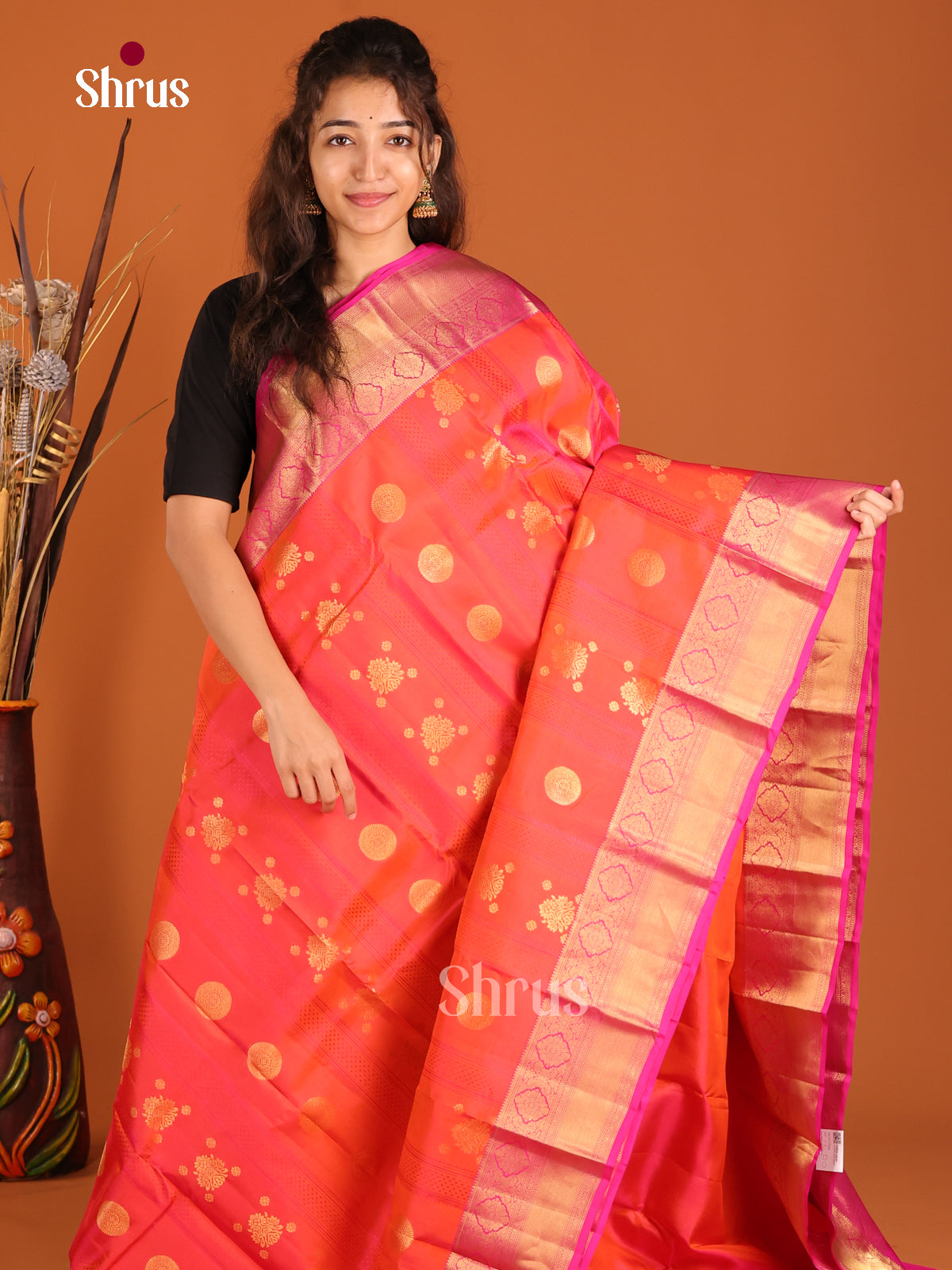 Orange & Pink - Kanchipuram-halfpure Saree - Shop on Shrus.com