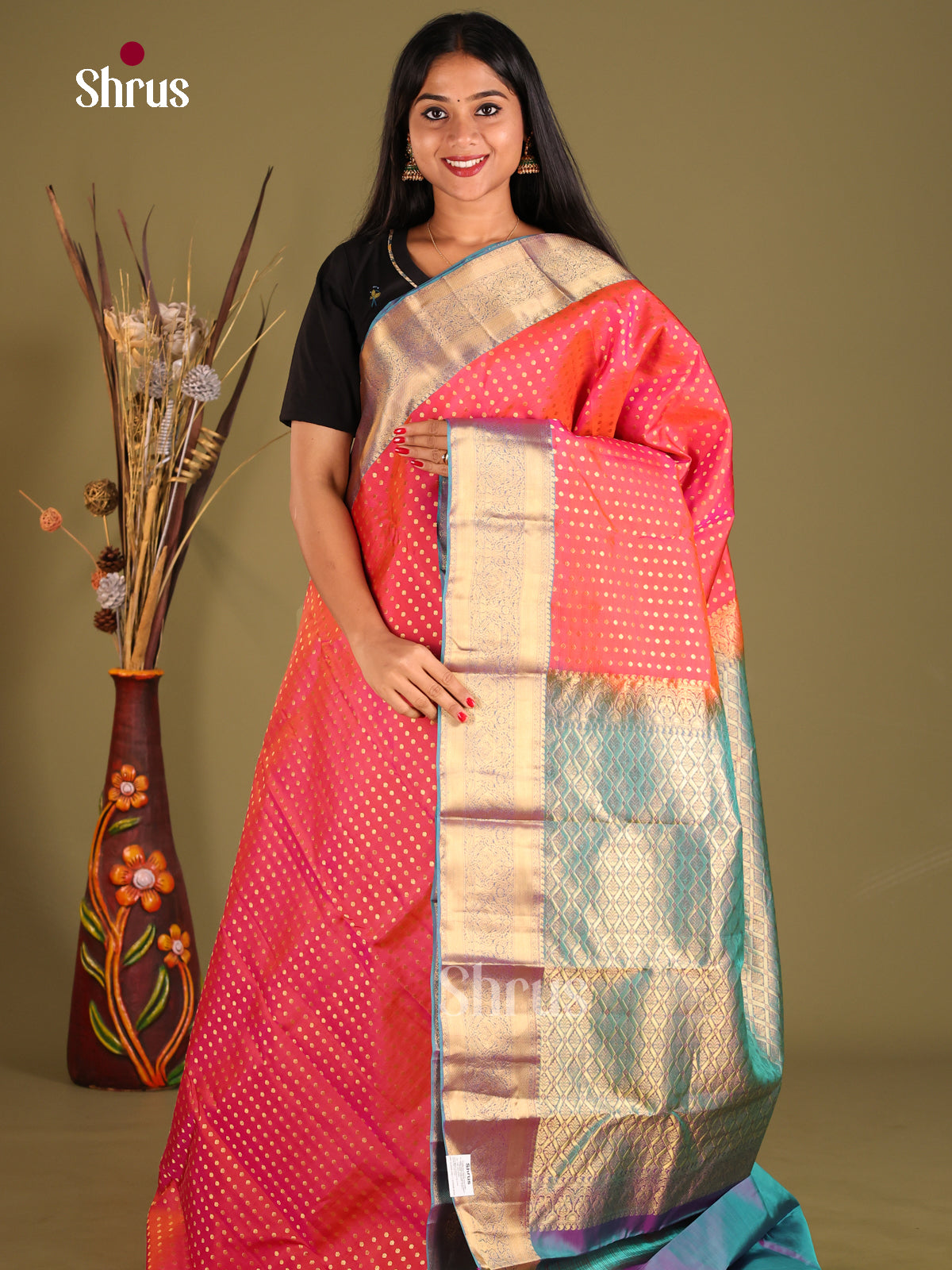 Orangish Pink & Double Shaded Purple - Kanchipuram-halfpure Saree - Shop on Shrus.com