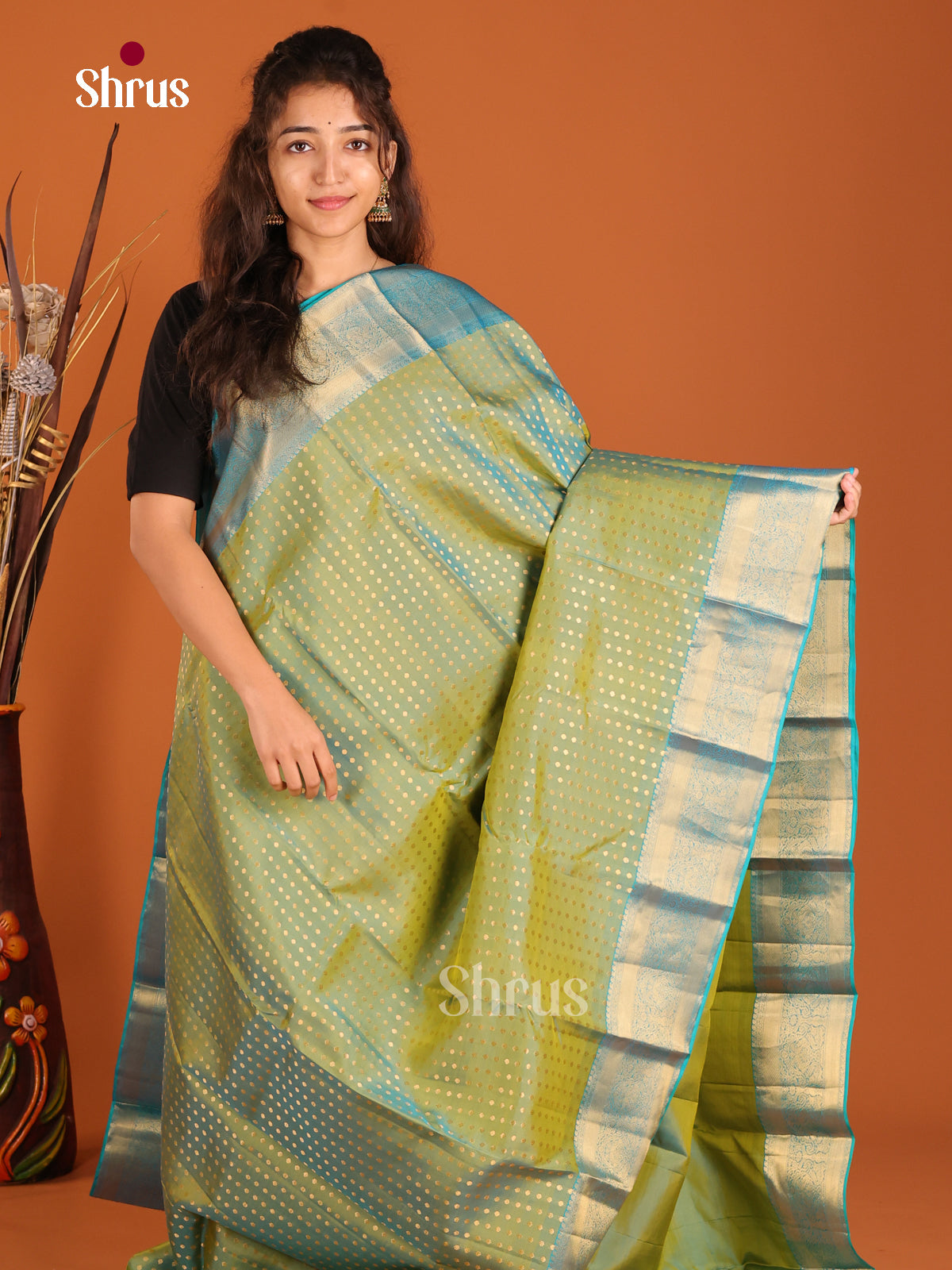 Double Shaded Green & Blue - Kanchipuram-halfpure Saree - Shop on Shrus.com