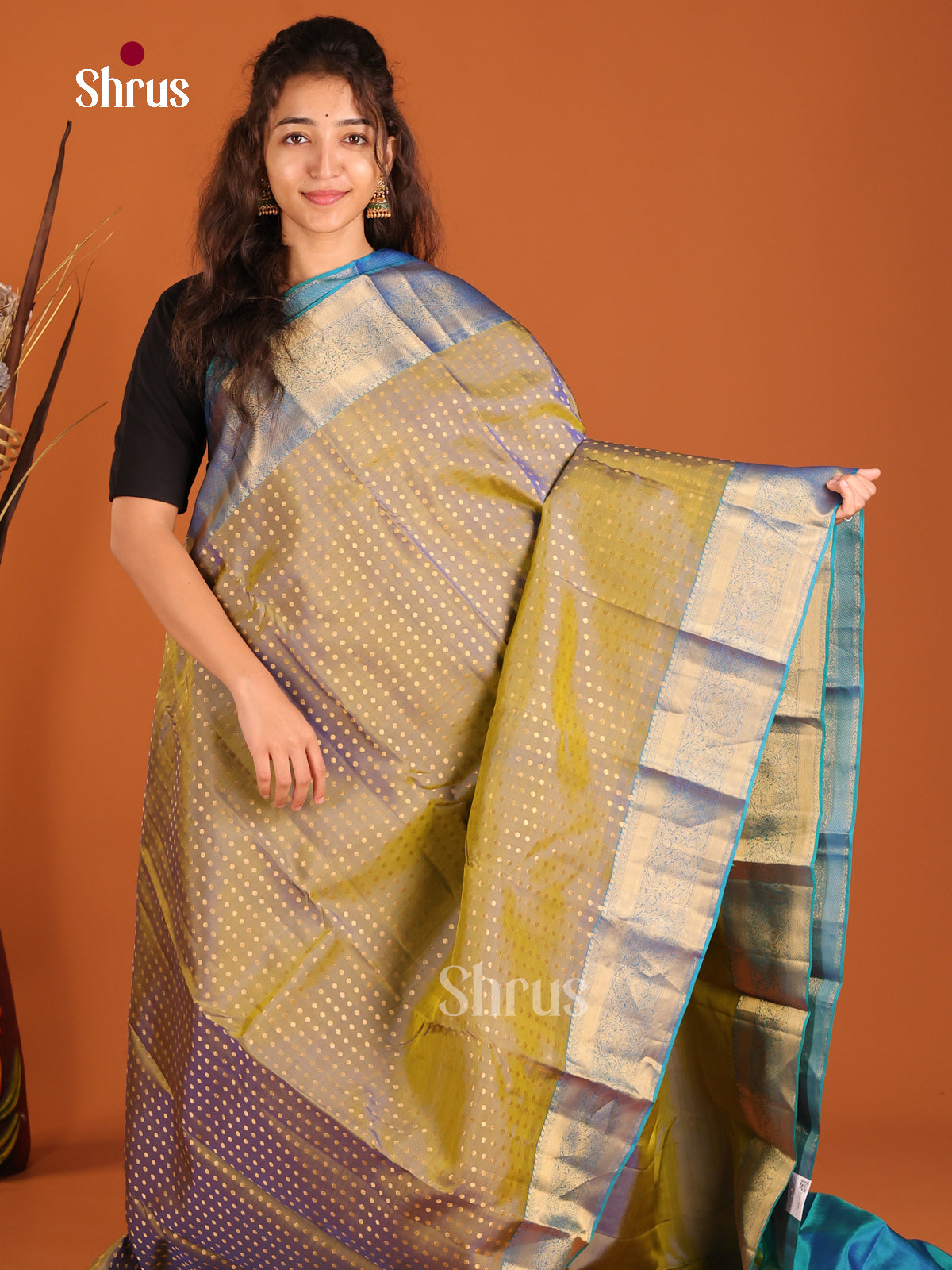 Double Shaded Green & Blue - Kanchipuram-halfpure Saree - Shop on Shrus.com