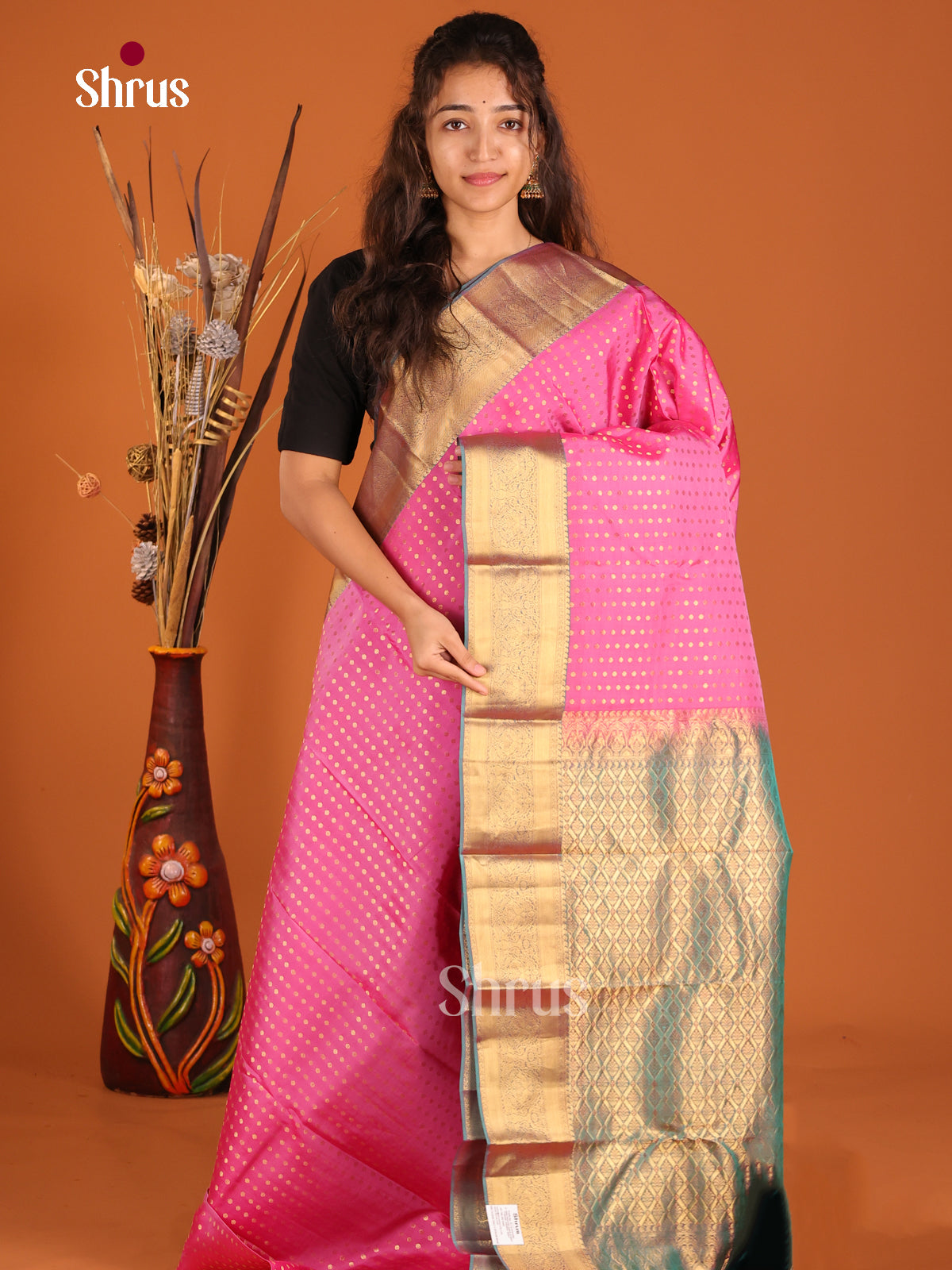 Pink & Double Shaded Blue - Kanchipuram-halfpure Saree