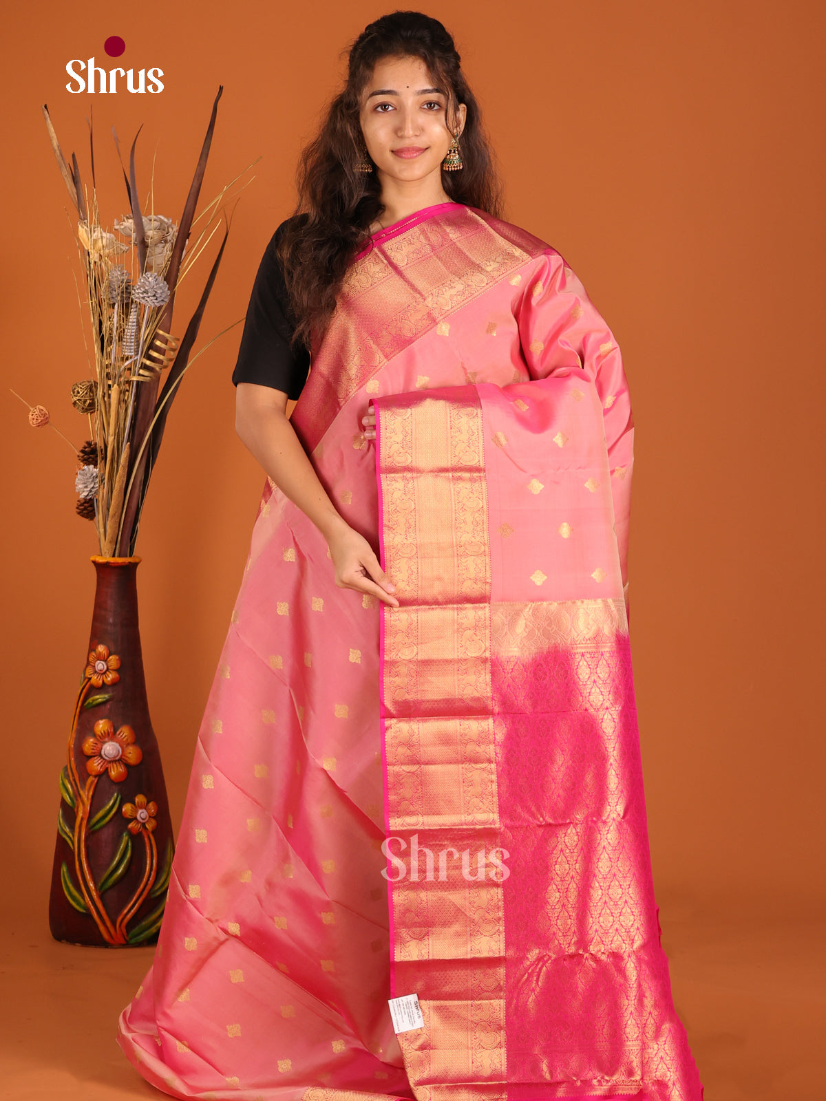 Dusty Pink & Pink - Kanchipuram-halfpure Saree - Shop on Shrus.com
