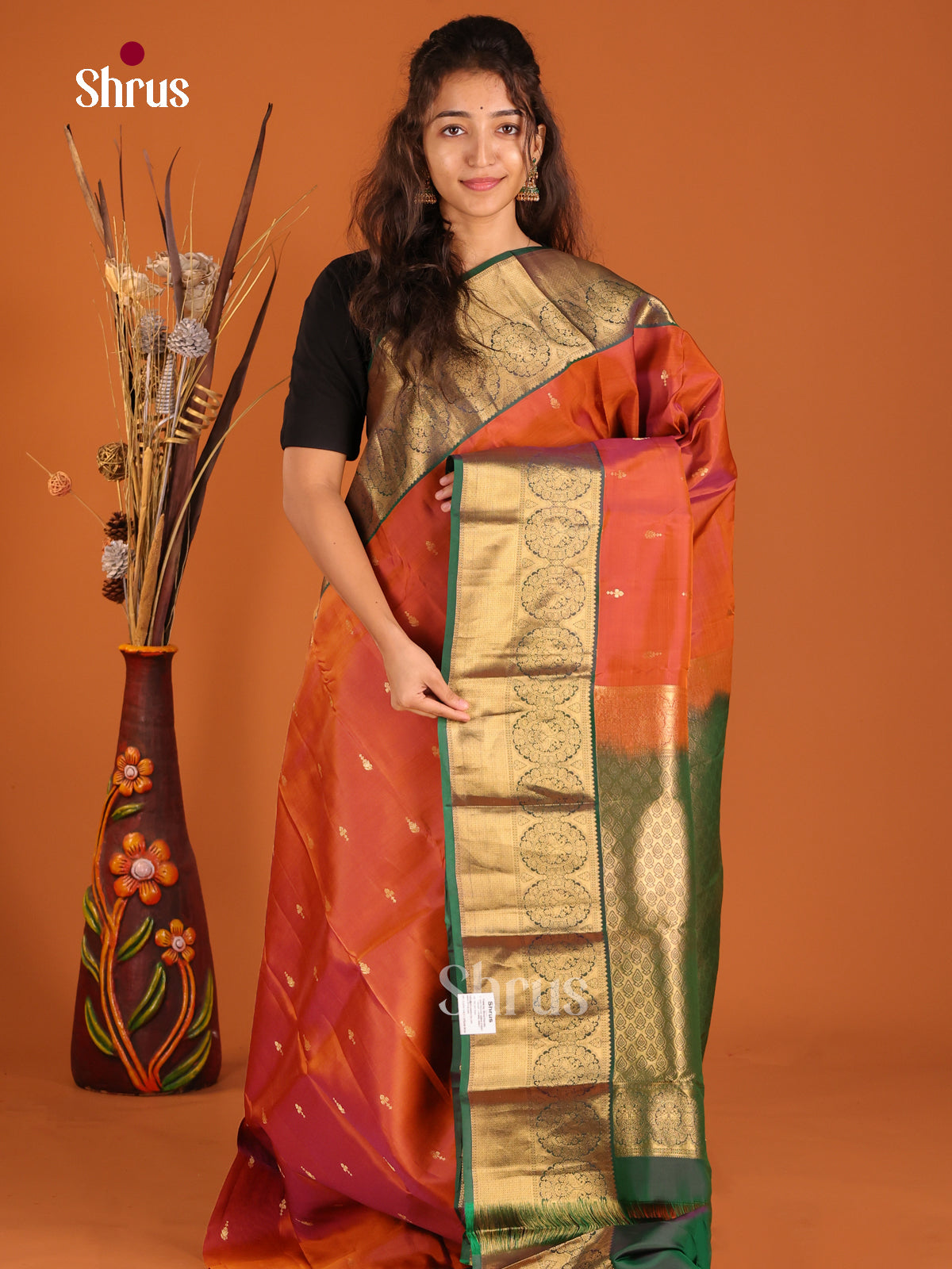 Rust & Green - Kanchipuram-halfpure Saree - Shop on Shrus.com