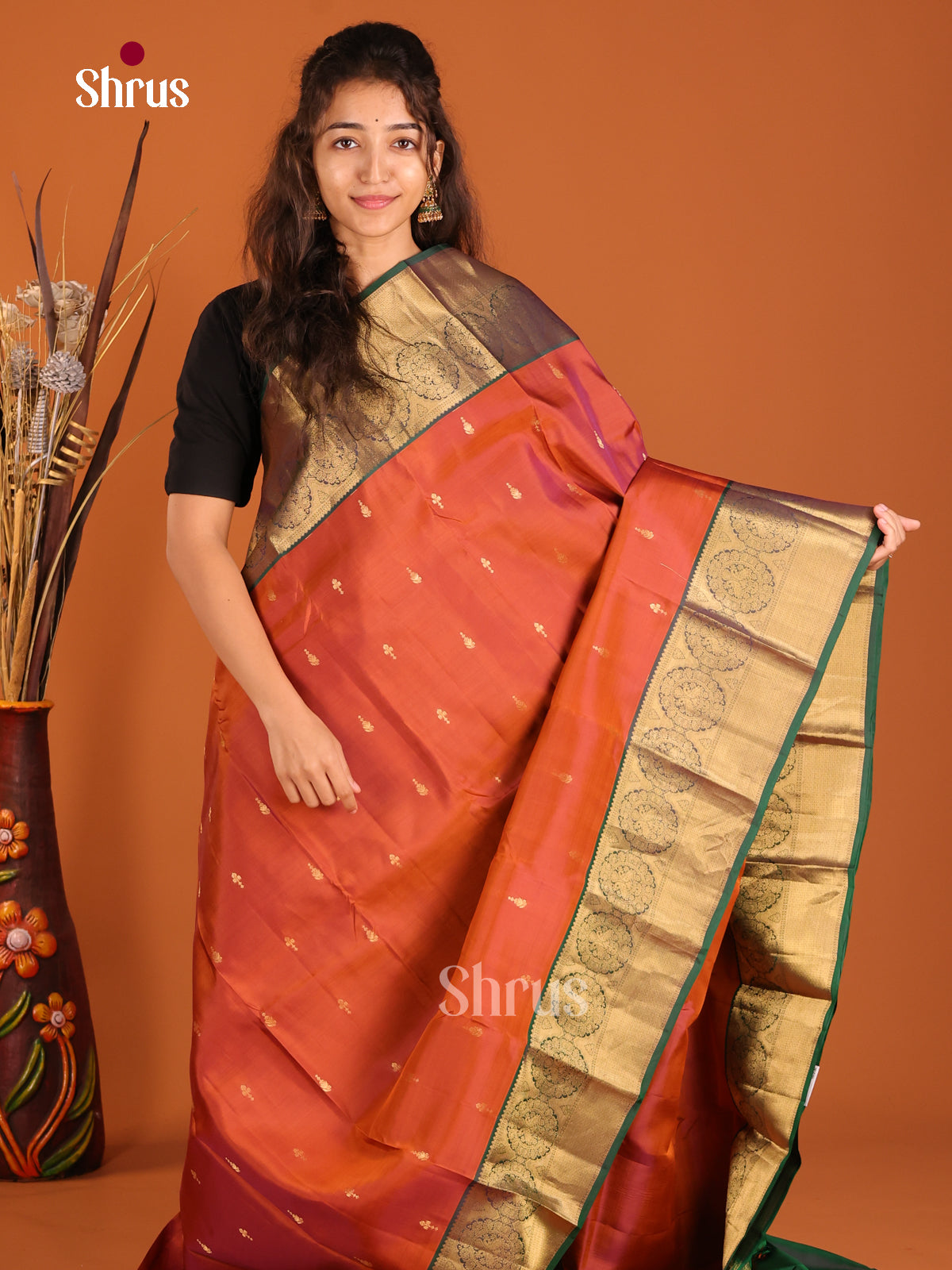 Rust & Green - Kanchipuram-halfpure Saree - Shop on Shrus.com
