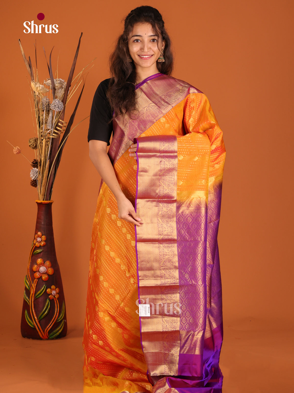 Orange & Purple - Kanchipuram-halfpure Saree - Shop on Shrus.com