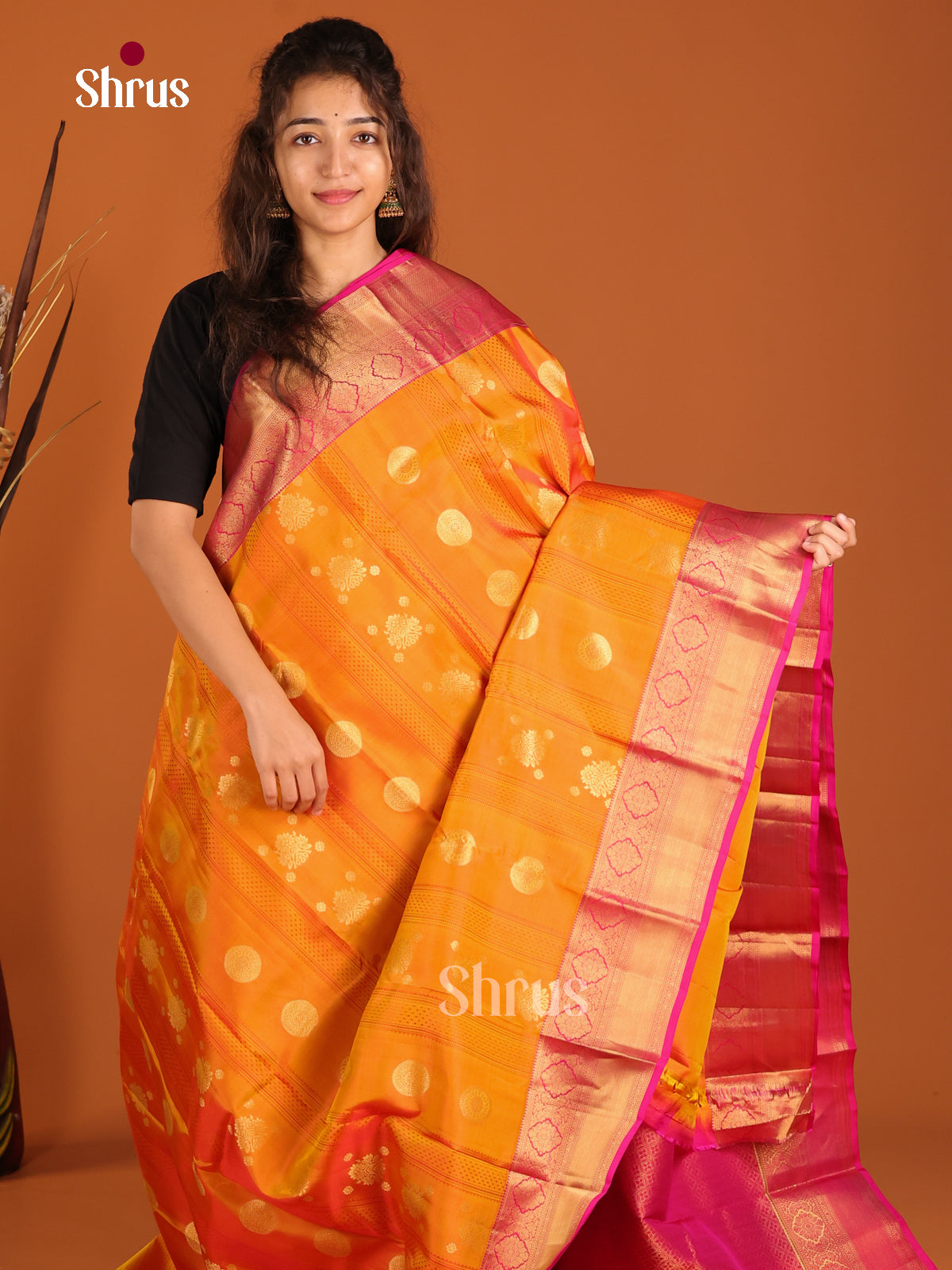 Mustard & Pink- Kanchipuram-halfpure Saree - Shop on Shrus.com