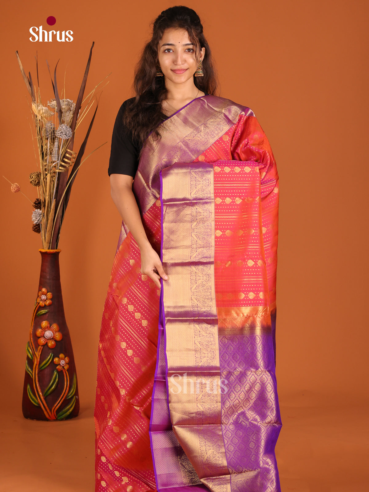 Orange & Purple- Kanchipuram-halfpure Saree - Shop on Shrus.com
