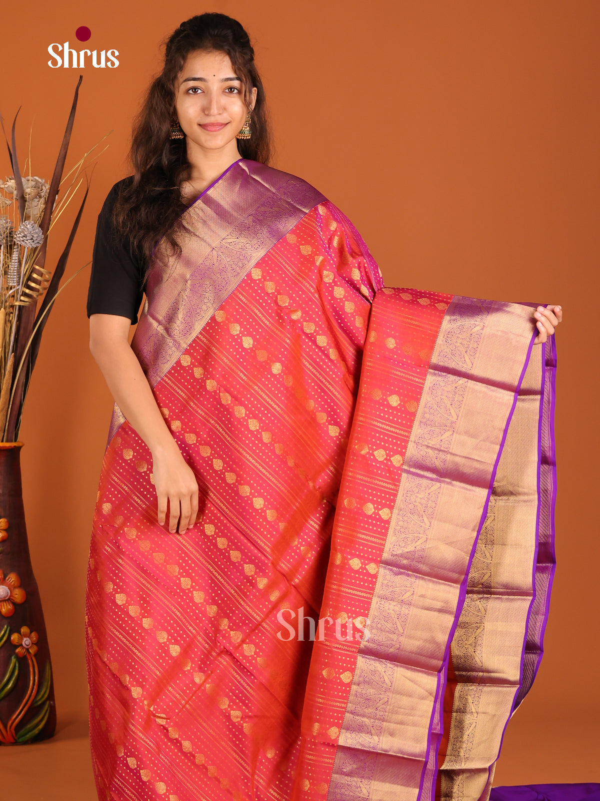 Orange & Purple- Kanchipuram-halfpure Saree - Shop on Shrus.com