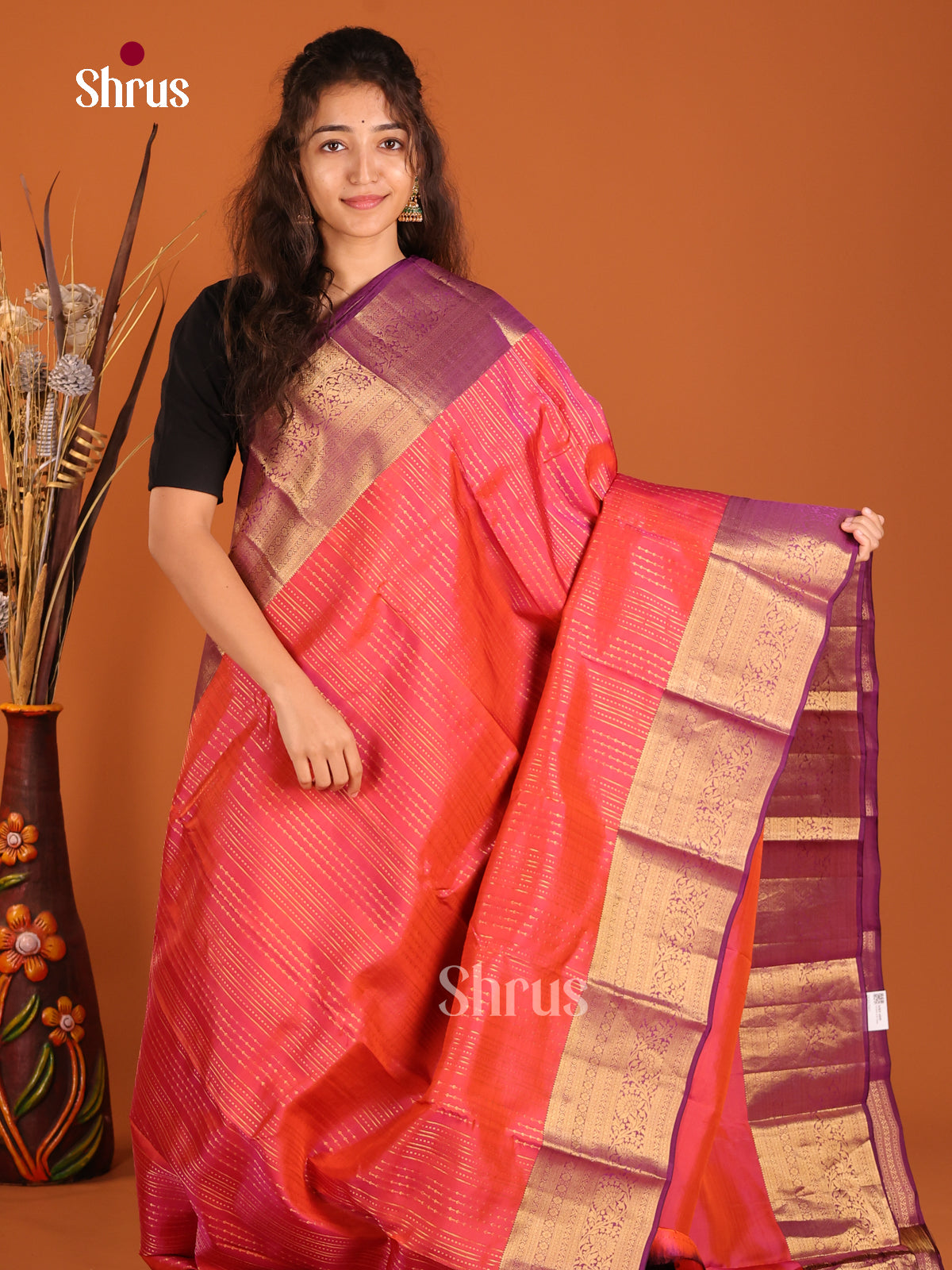 Orangish Pink & Purple - Kanchipuram-halfpure Saree - Shop on Shrus.com