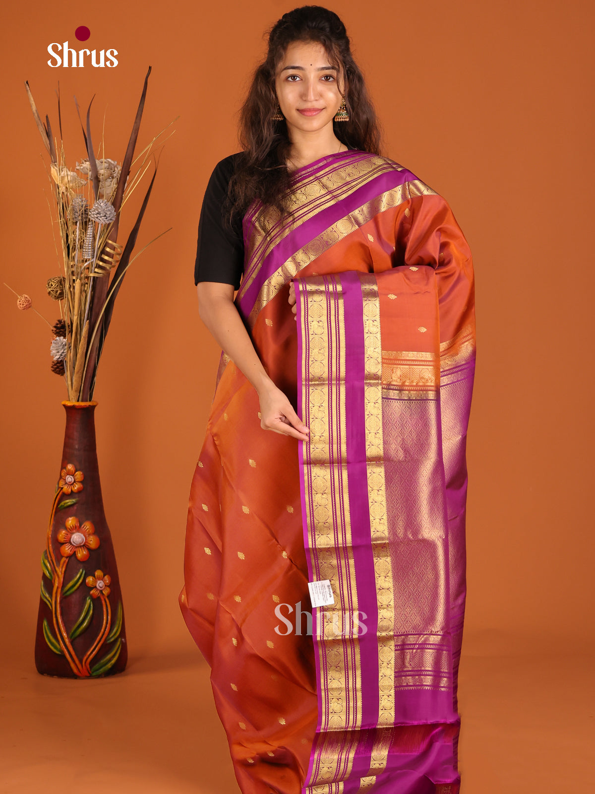 Rust & Purple - Kanchipuram-halfpure Saree - Shop on Shrus.com